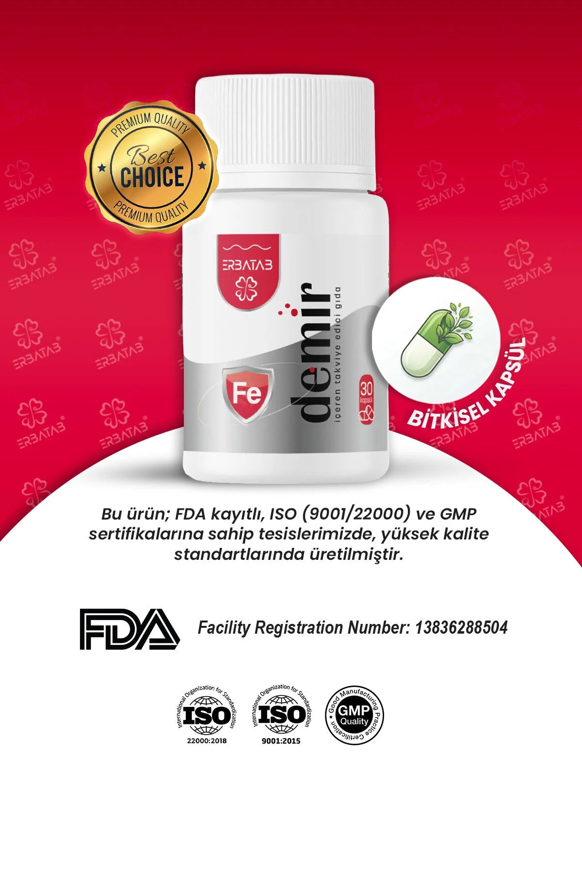 Erbatab Demir – IJzer Supplement 16 mg – Micro-ingekapseld IJzer – 30 Capsules – 1 Maand Voorraad