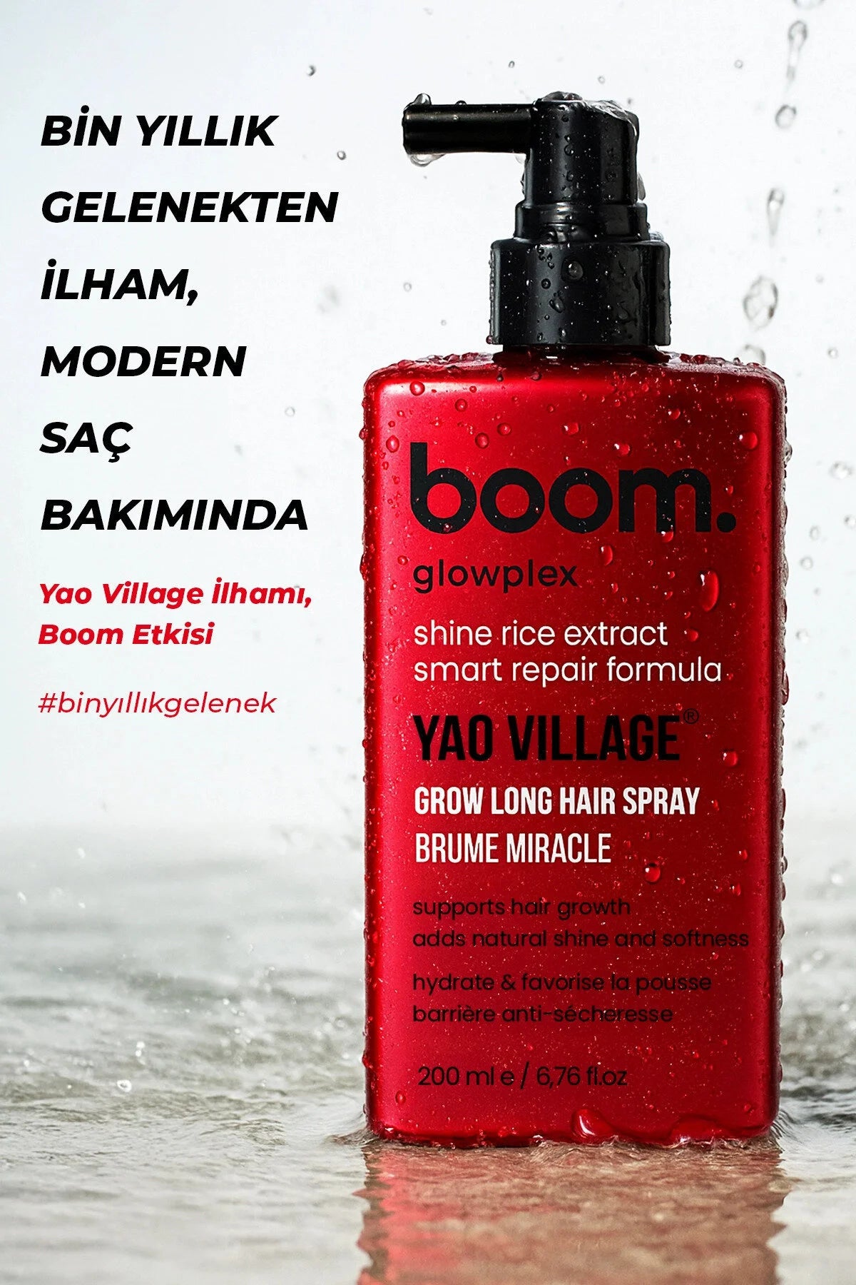 Boom Glowplex Yao Village Spray - Haargroei Versterkende Spray - Met Gefermenteerde Yao Rijst / Lijnzaad & Kokosolie - Ter bevordering van haargroei & Ter voorkoming van haaruitval - Versterkend & Glansgevend - 200 ml