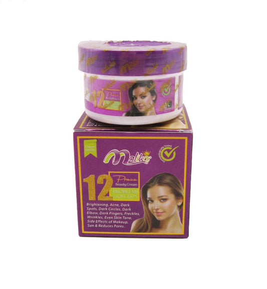 Malika Premium Beauty Cream – 12 problemen = 1 oplossing - Verheldering Acne Donkere Vlekken Donkere Kringen/Ellebogen/Vingers Sproeten Rimpels Egale Teint Bijwerkingen van Make-up & Zonlicht - Verkleint Poriën - Dermatologisch getest - 30 ml