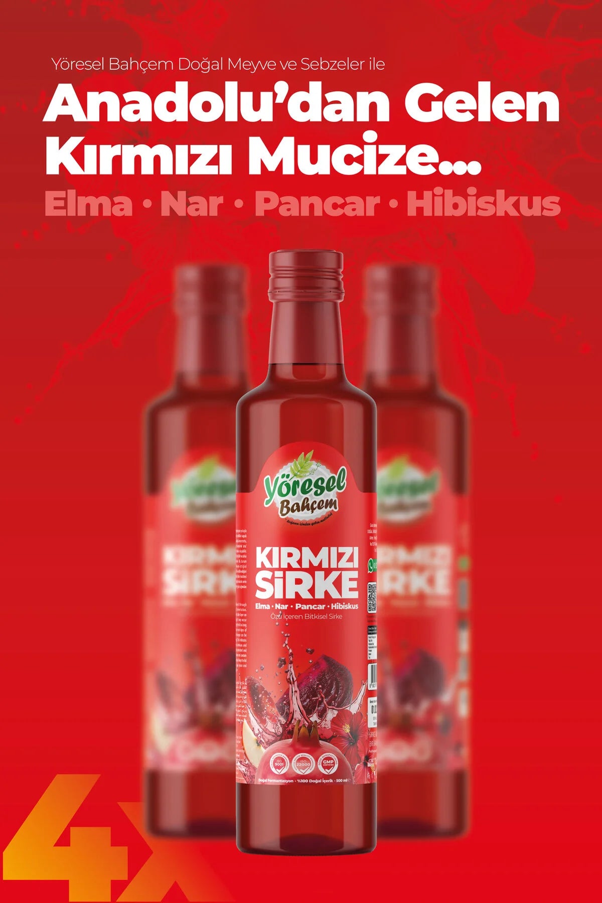 Yöresel Bahçem (Roode Azijn)Kırmızı Sirke Elma Nar Pancar Hibiskus 500ml