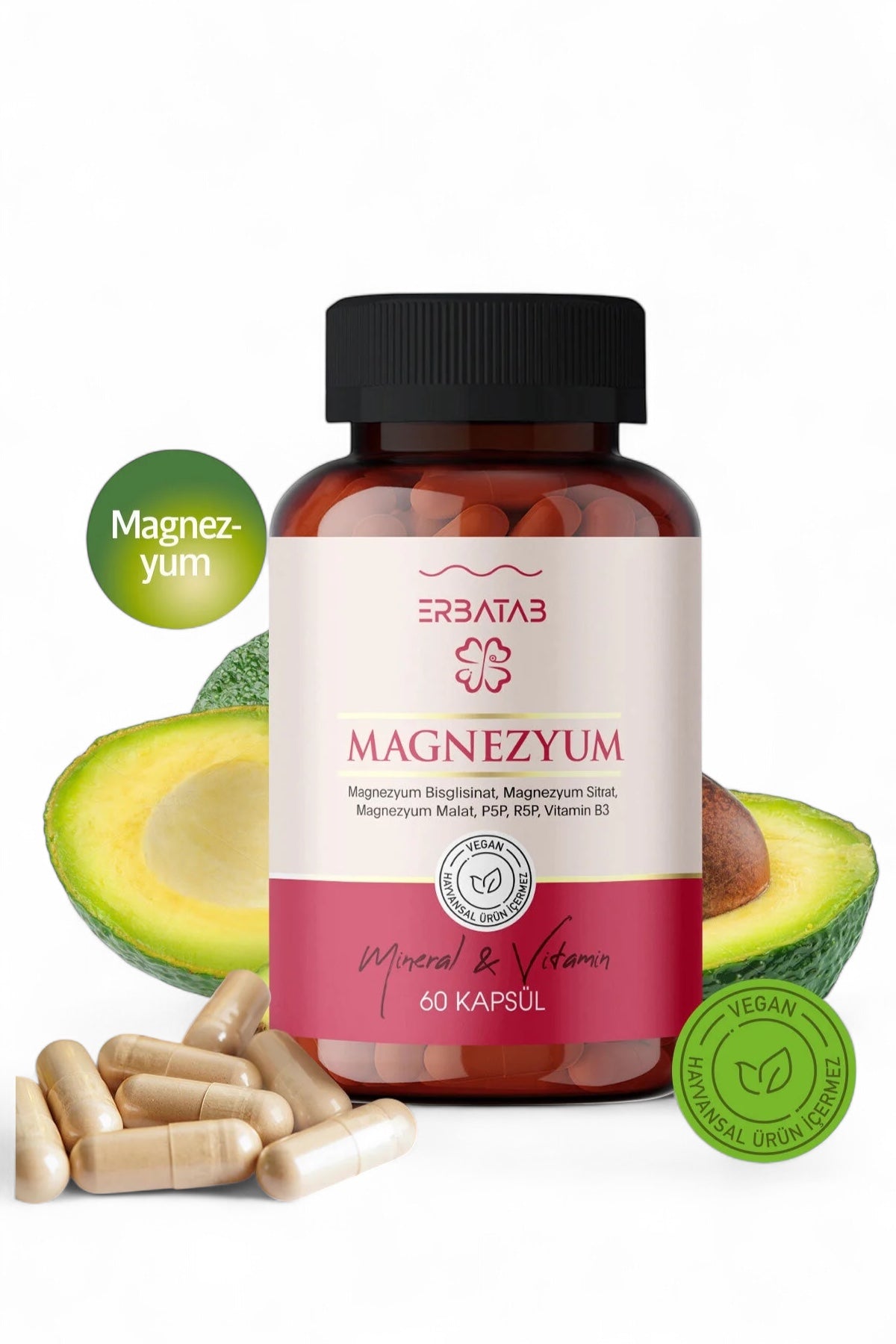 Erbatab Magnesium Complex – 60 Vegan Capsules – Magnesium Bisglycinaat, Malaat, Citraat, Vitamine B3 & B6