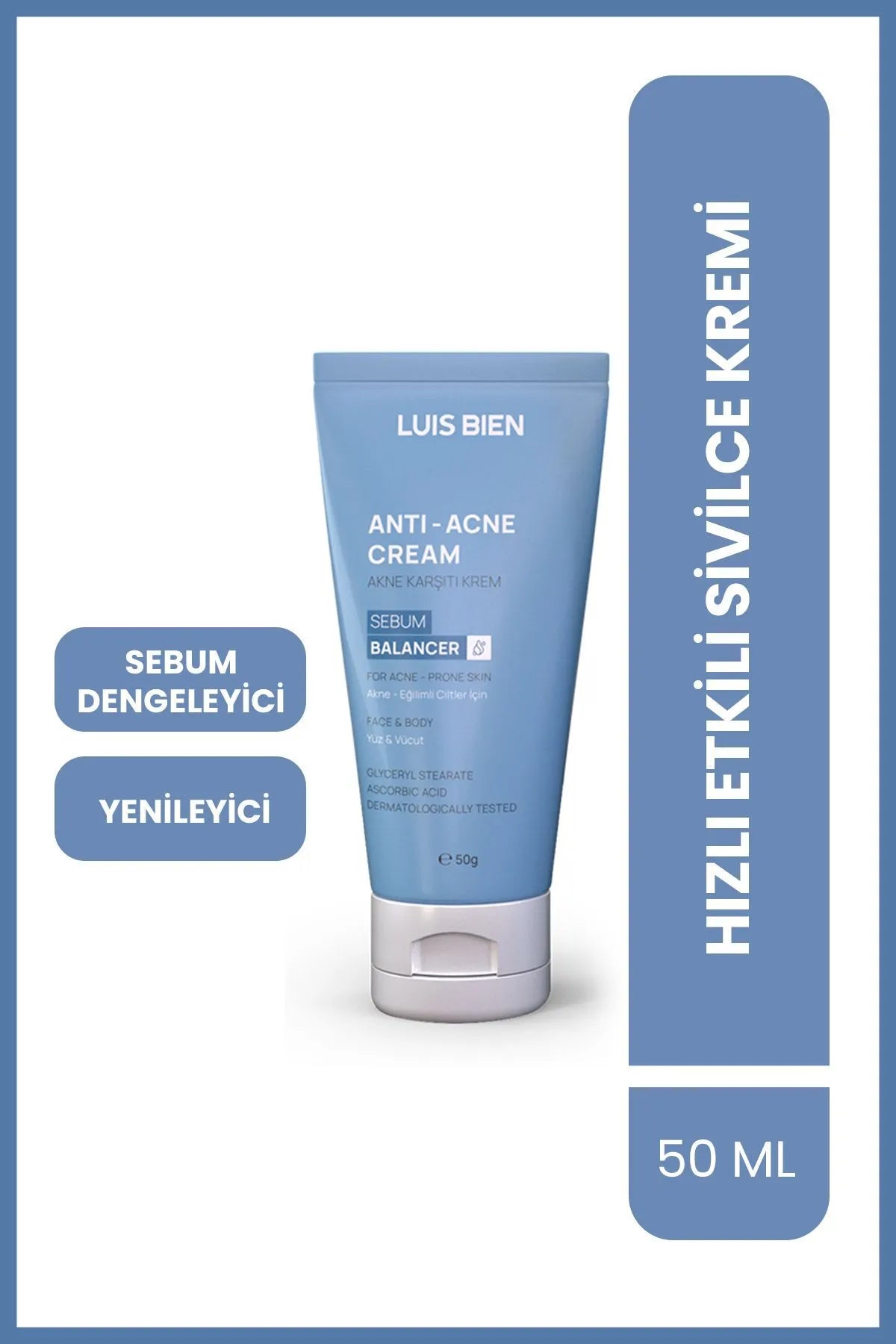 Luis Bien Anti-Acne Creme – Snelwerkende Anti-Acne & Anti-Puistjes verzorging & Huidoneffenheden - Hyaluronzuur - Glycerylstearaat - Ascorbinezuur - Dermatologisch getest - 50 ml