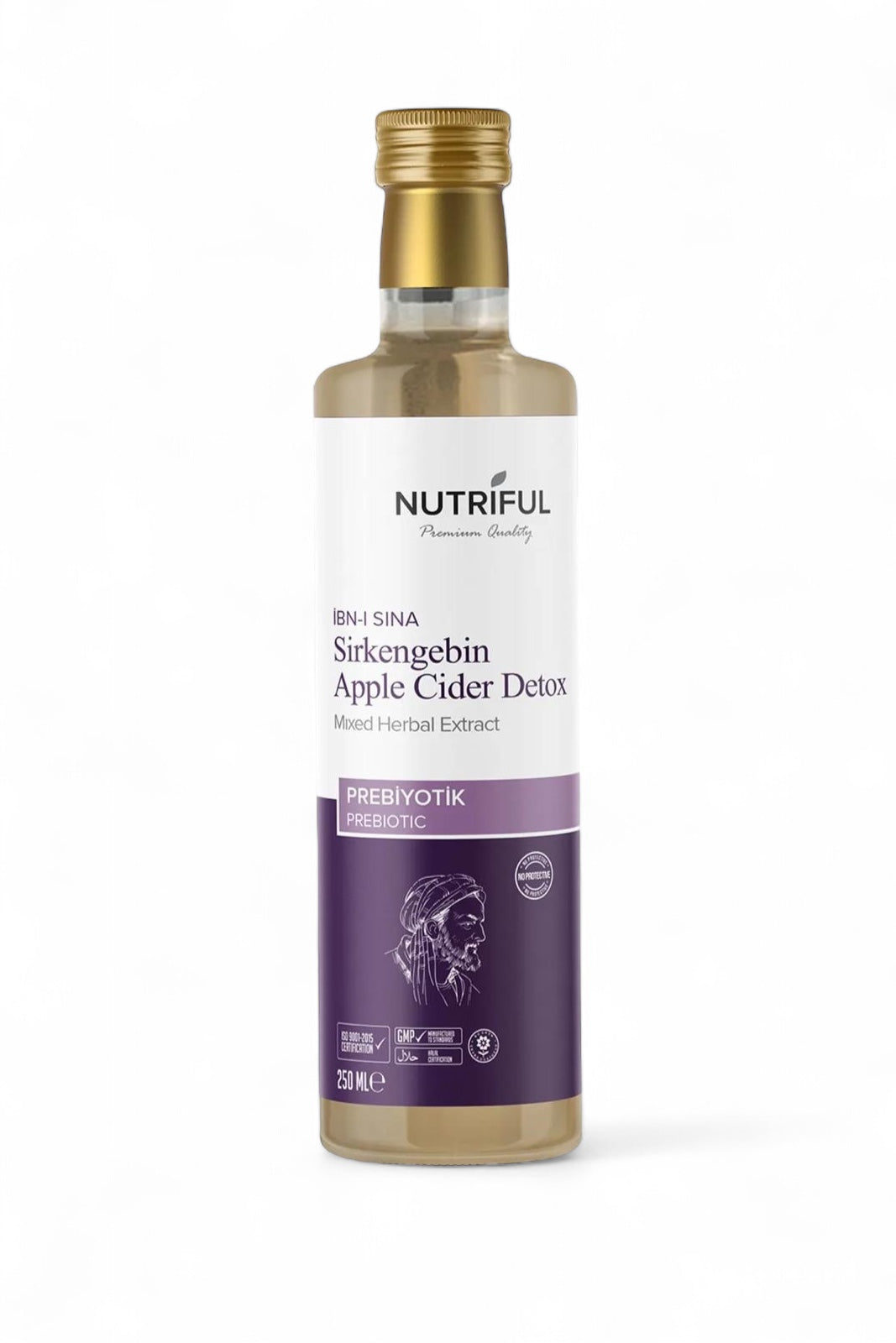 Nutriful Ibn-i Sina Sirkengebin AppelCider Prebiotische Detox Azijn (Prebiotic) - Gemengd kruidenextract - Halal - Bloemenhoning - Appelciderazijn - Meidoornazijn - Druivenazijn - Rozemarijnsap - Tijmwater - 1 fles van 250 ml
