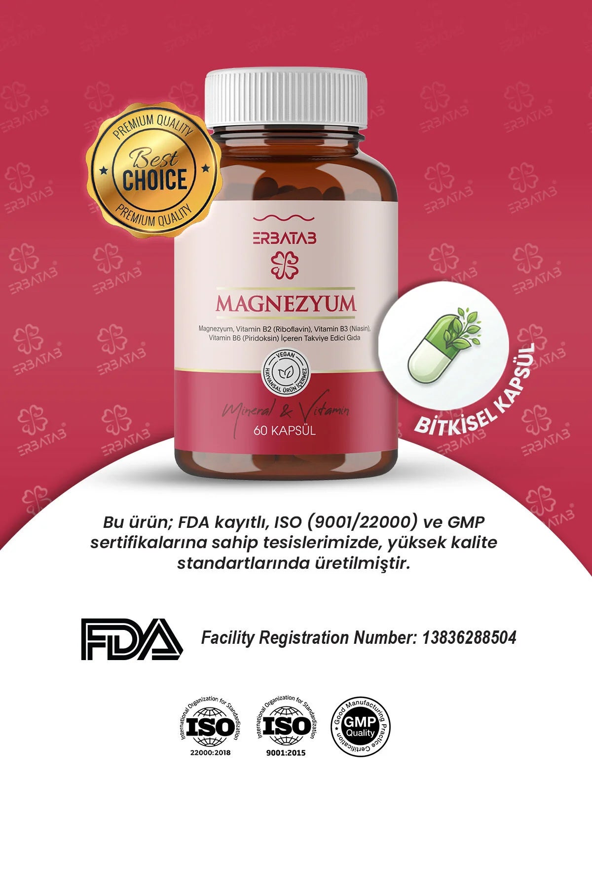 Erbatab Magnesium Complex 60 Capsules | Bisglycinaat, Citraat & Malaat | Met Vitamine B2, B3 & B6 | Vegan