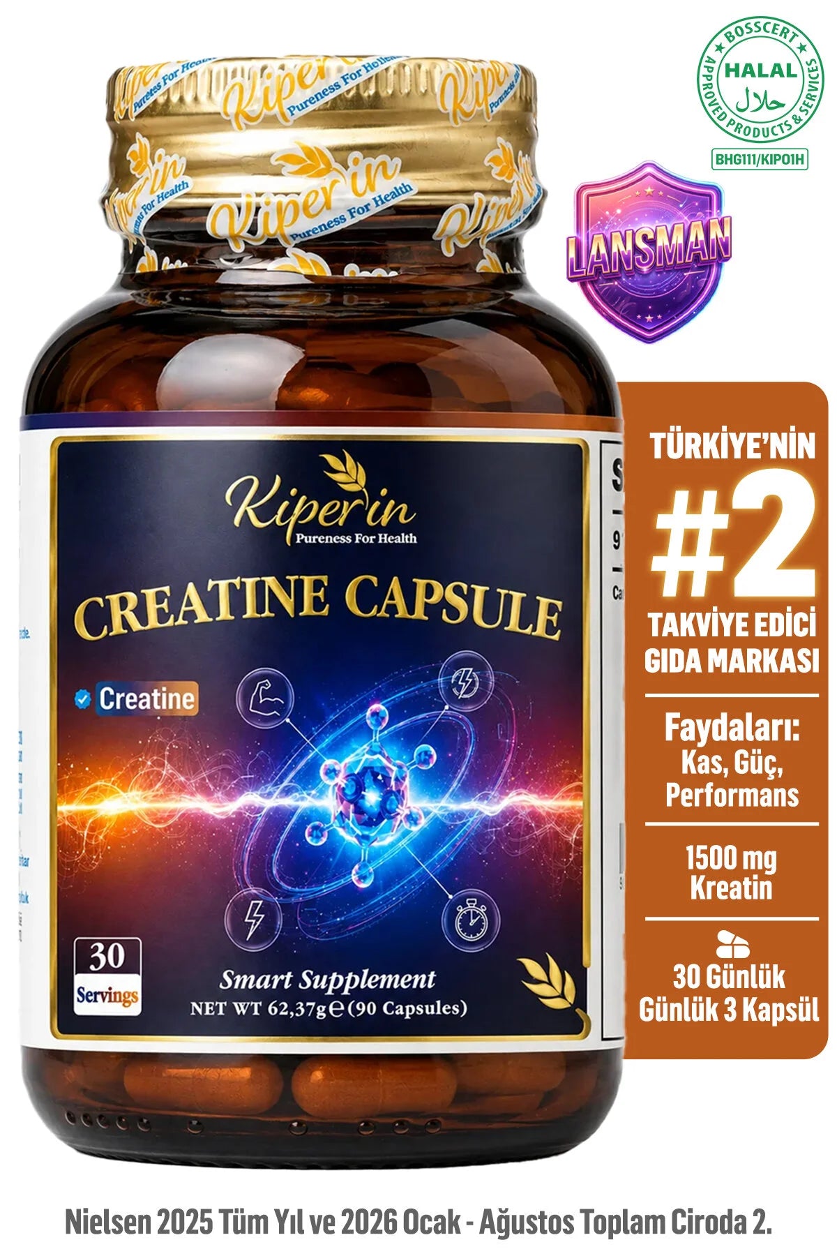 Kiperin Creatine Capsules – Creatine Monohydraat – 1500 mg per Dagdosering – 90 Capsules – 30 Porties