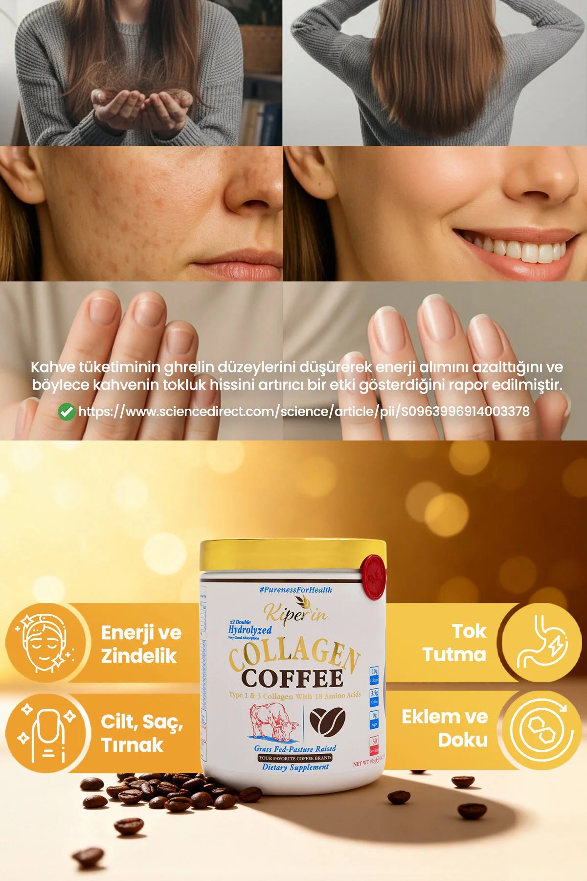 Kiperin Collagen Coffee – Gehydrolyseerd Rundercollageen Type 1 & 3 met Instant Koffie – 10 g Collageen per Portie – 405 g