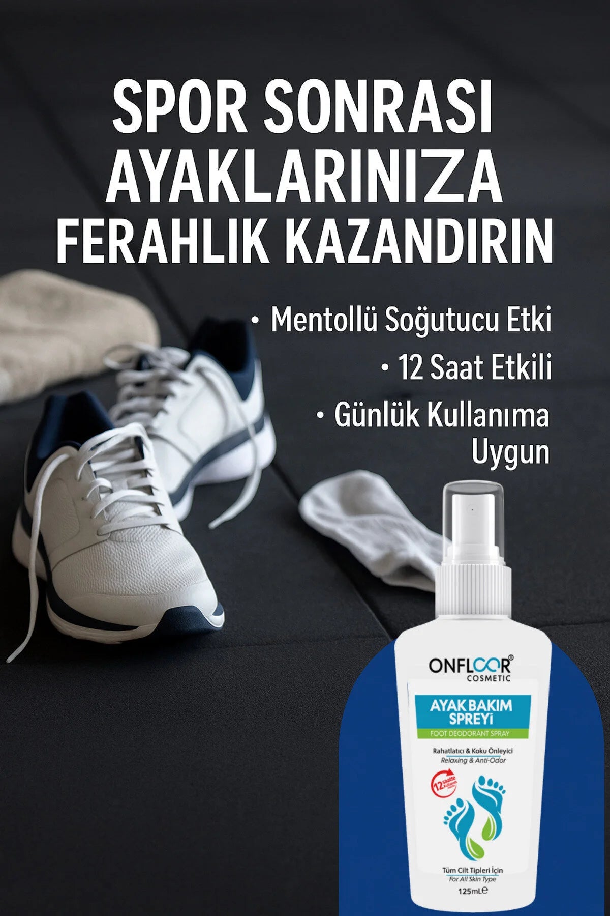 Onfloor Foot Deodorant Spray - Voetverzorgingsspray - Anti-Geur - Verfrissende - Verkoelende & Ontspannende voetverzorging met aloë-extract & munt - Werkt tot 12 uur & Lang fris gevoel - Licht & Draagbaar - Dagelijks gebruik - 125 ml