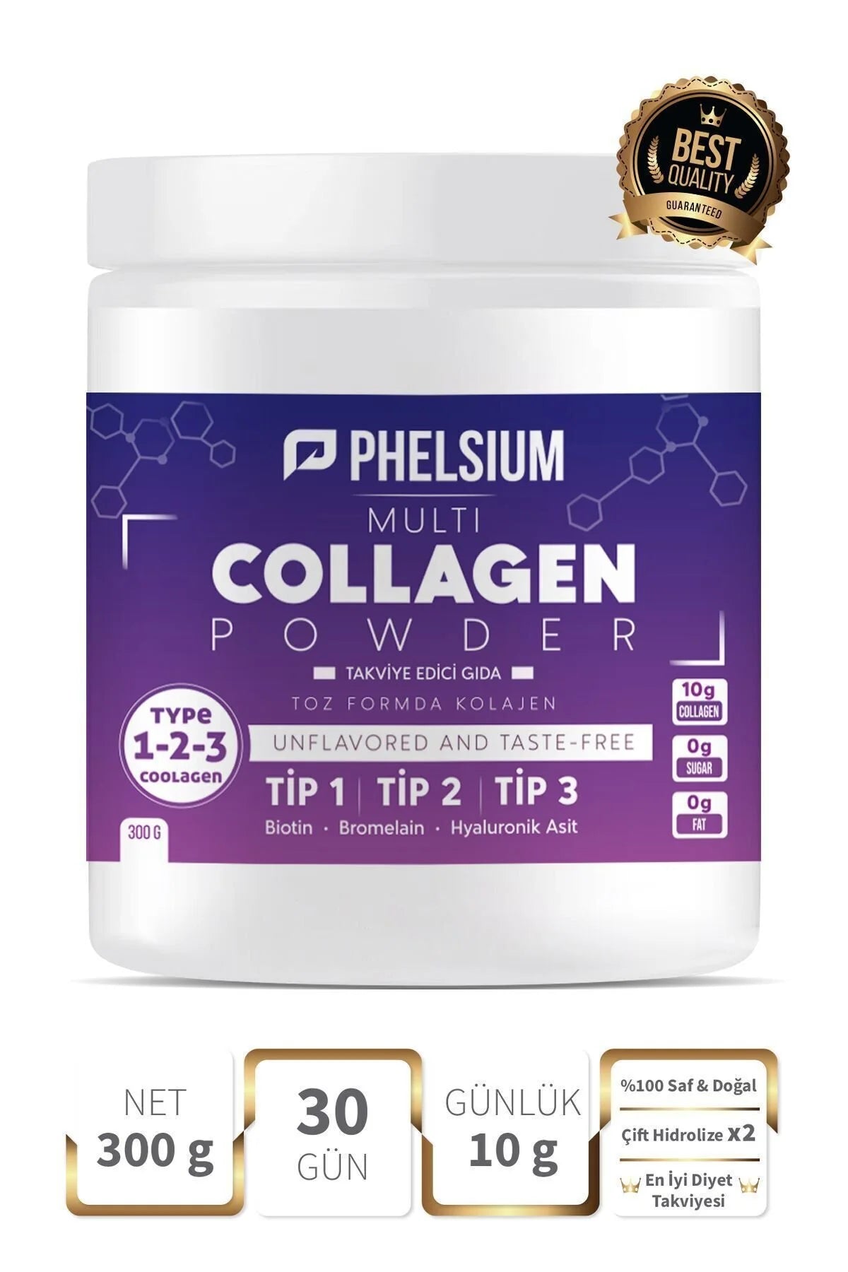 Phelsium Multi Collagen Poeder Type 1 2 3 met Hyaluronzuur, Biotine en Bromelaïne - Smaakloos - 300 g