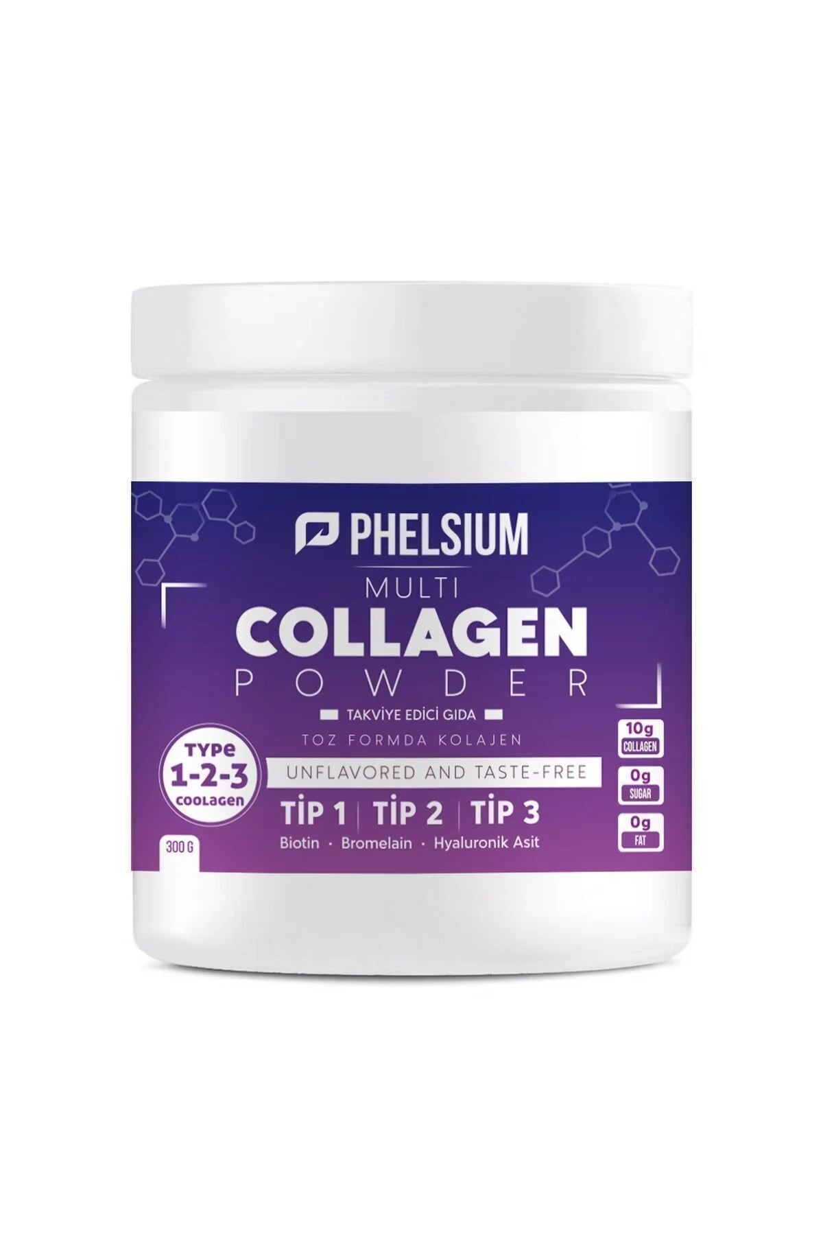 Phelsium Multi Collagen Poeder Type 1 2 3 met Hyaluronzuur, Biotine en Bromelaïne - Smaakloos - 300 g