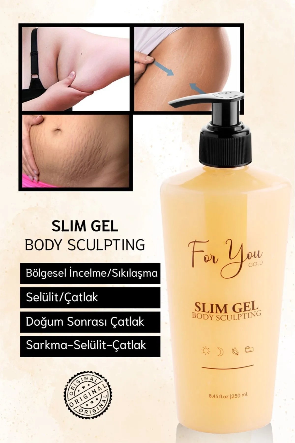 For You Gold Slim Gel Slimmer - Verstevigend - Vetverbrander - Regionaal afslanken - Buik verzakking - taille - heupen - billen - armen - Anti-stretch en cellulitis/striae crème (enkel) 250 ml
