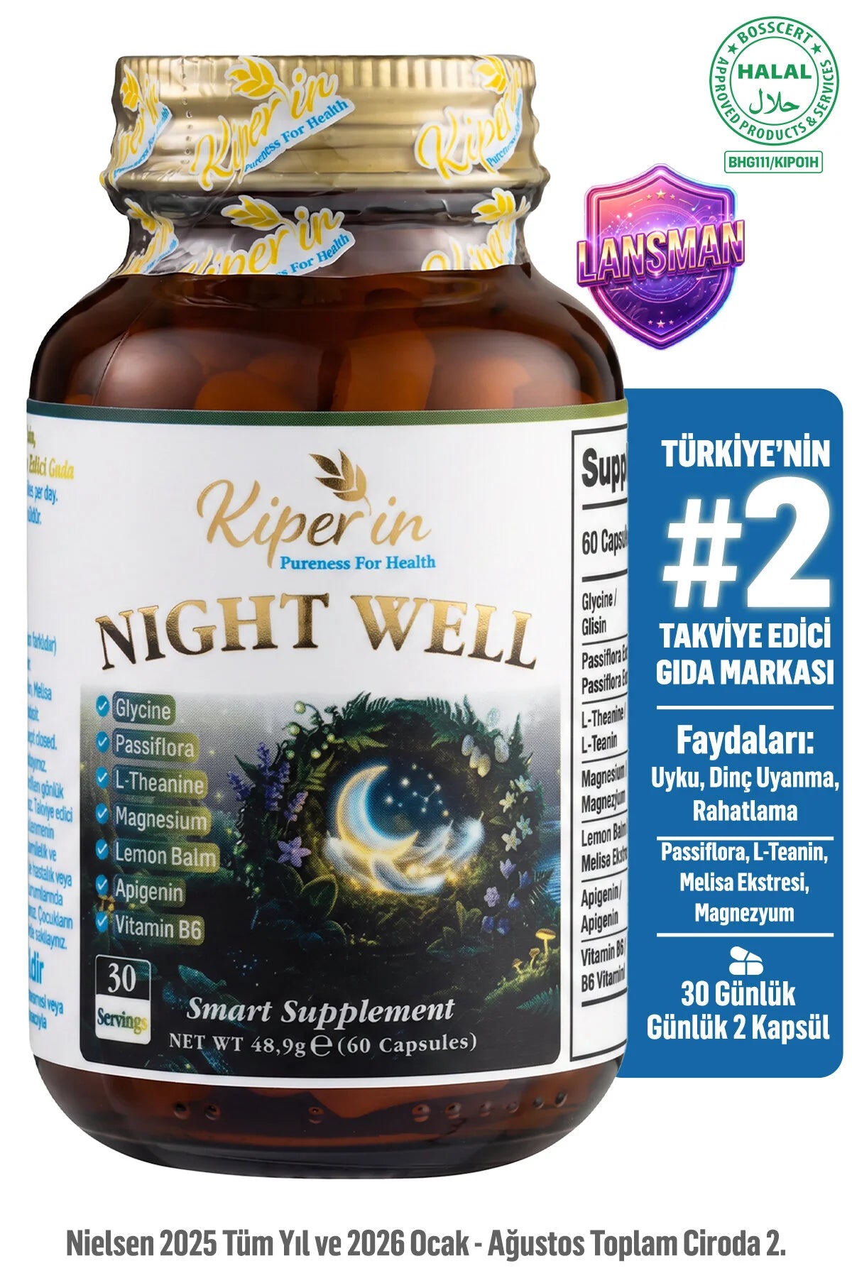 Kiperin Night Well – Magnesium, L-Theanine, Glycine, Passiflora & Vitamine B6 – 60 Capsules – 30 Porties