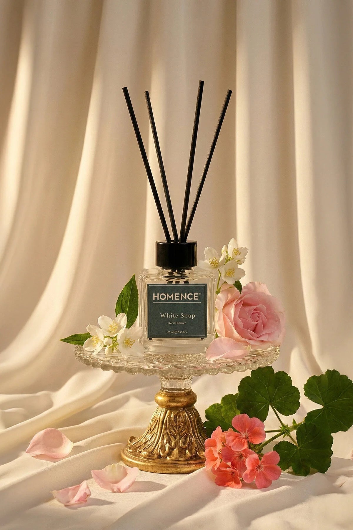 HOMENCE White Soap Reed Diffuser 100 ml – Geurstokjes – Witte Zeep Geur – Citroen, Jasmijn & Musk – Huisparfum