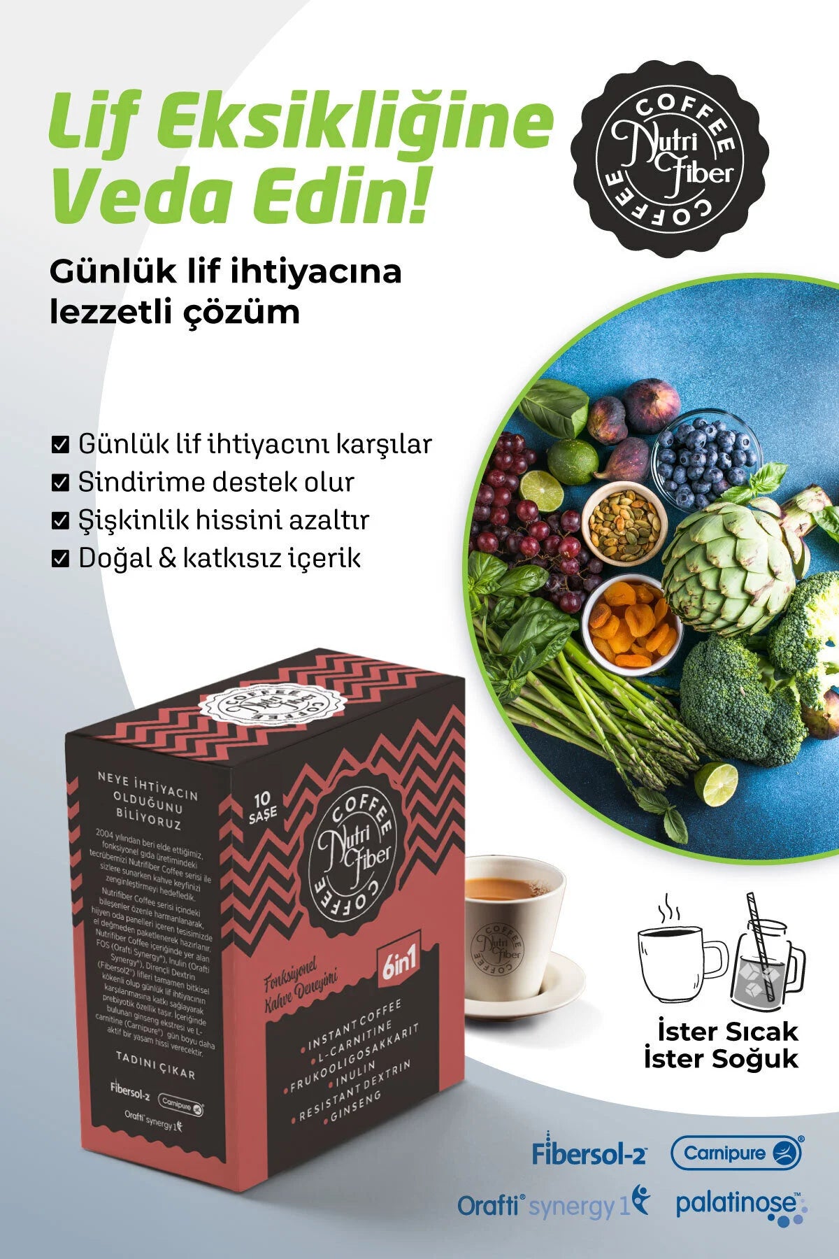 Nutrifiber® Coffee 6 in 1 Detox Koffie - Instant Koffie met Vezels / Inuline / L-Carnitine & Ginseng - Probiotische Effect - 10 Sachets - Warm & Koud te Bereiden