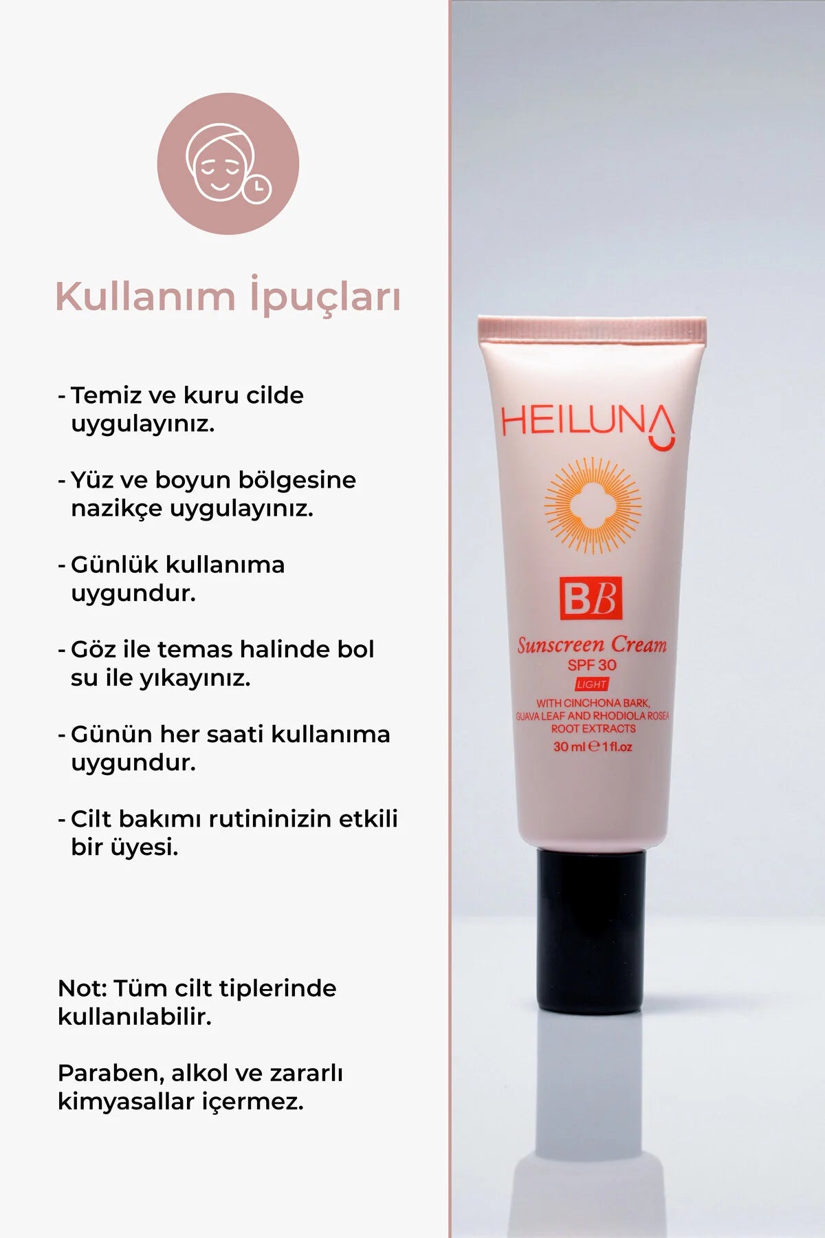 Heiluna BB Sunscreen Crème Licht SPF 30 Zonbescherming - Niacinamide Verheldert+Hydrateert - Hyaluronzuur - Cinchona-schorsextract Verstekt huidbarriere - Guavebladextract Antioxiderende bescherming - Rhodiola-wortelextract - Alle huidtypen - 30 ml