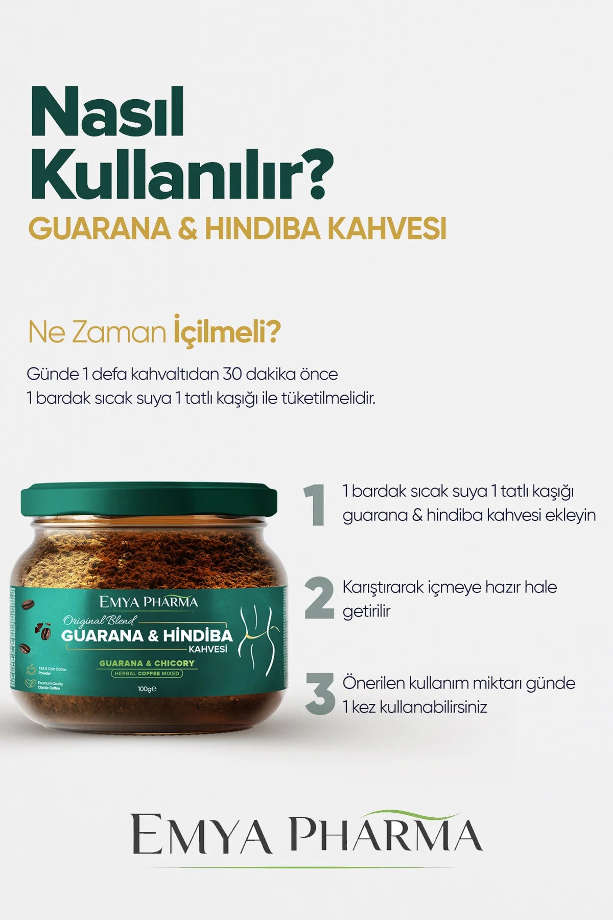 Emya Pharma Guarana & Hindiba Kahvesi – Cichoreikoffie met Guarana, Inuline & Groene Thee Extract – Instant Kruidenkoffie – 100 g
