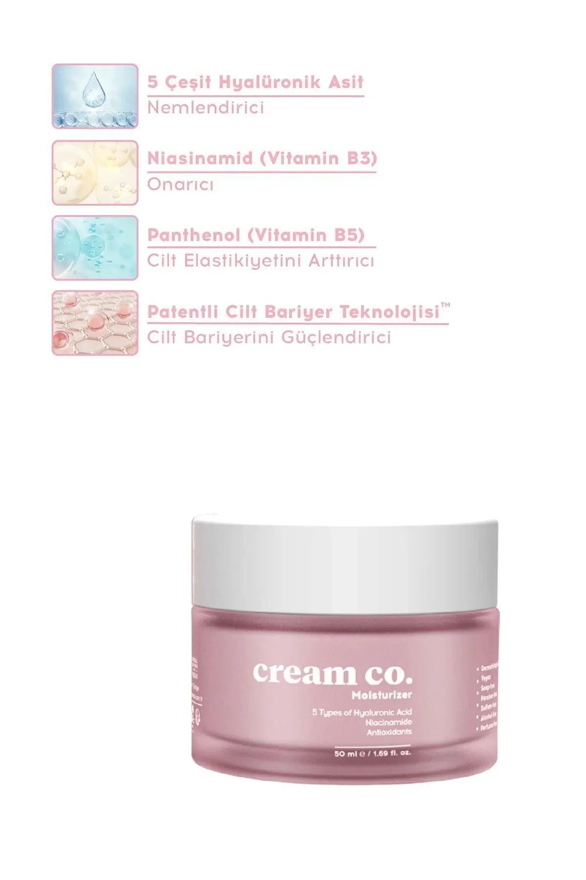 Cream Co. Moisturizer 50 ml – Gezichtscrème met 5 Soorten Hyaluronzuur, Niacinamide & Antioxidanten