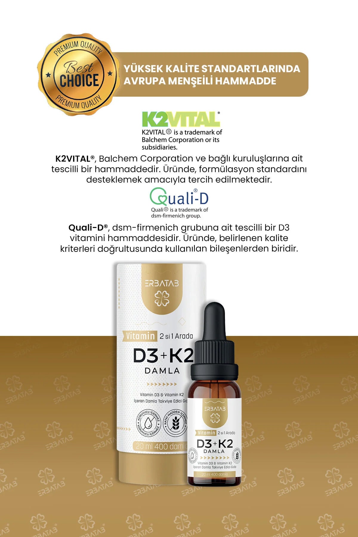 ERBATAB Vitamine D3 + K2 Druppels 2 in 1 - 20 ml & 400 druppels