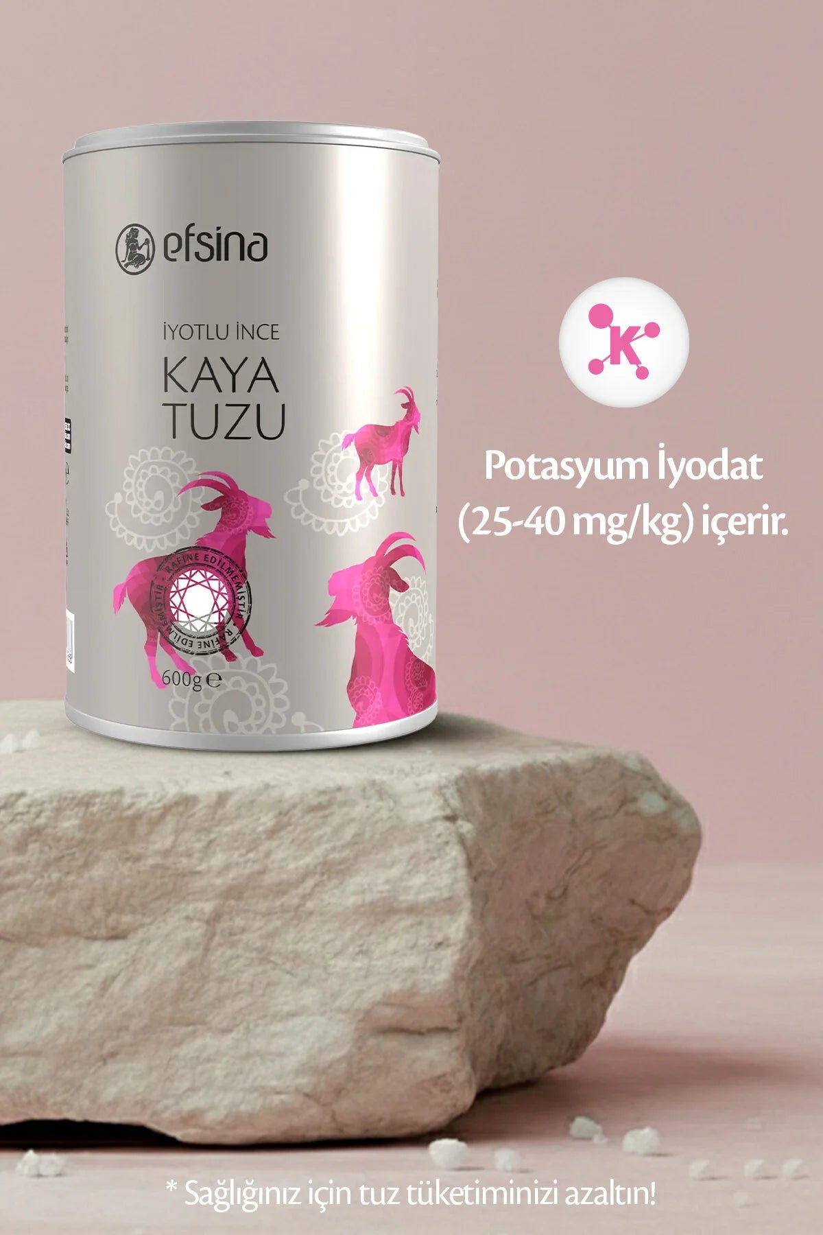 Efsina Lodized Fine Rock Salt (Kaya tuzu) 600g - Natuurlijke Niet-Geraffineerde Tafelzout - Verrijkt met Kaliumjodaat - Fijn Gemalen Steenzout