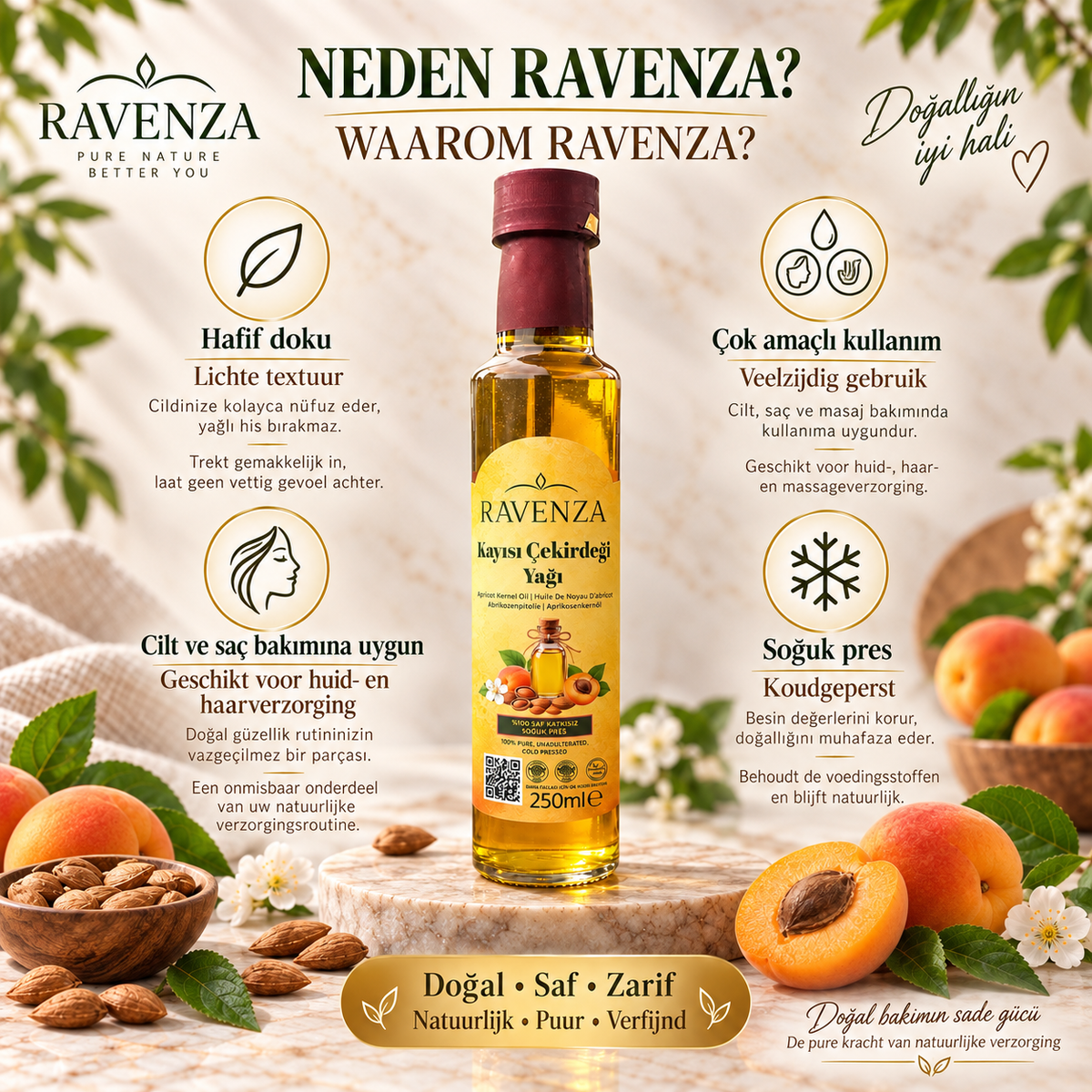 Ravenza Kayısı Çekirdeği Yağı – 100% Pure Abrikozenpitolie – Koudgeperst – Zonder Toevoegingen – 250 ml