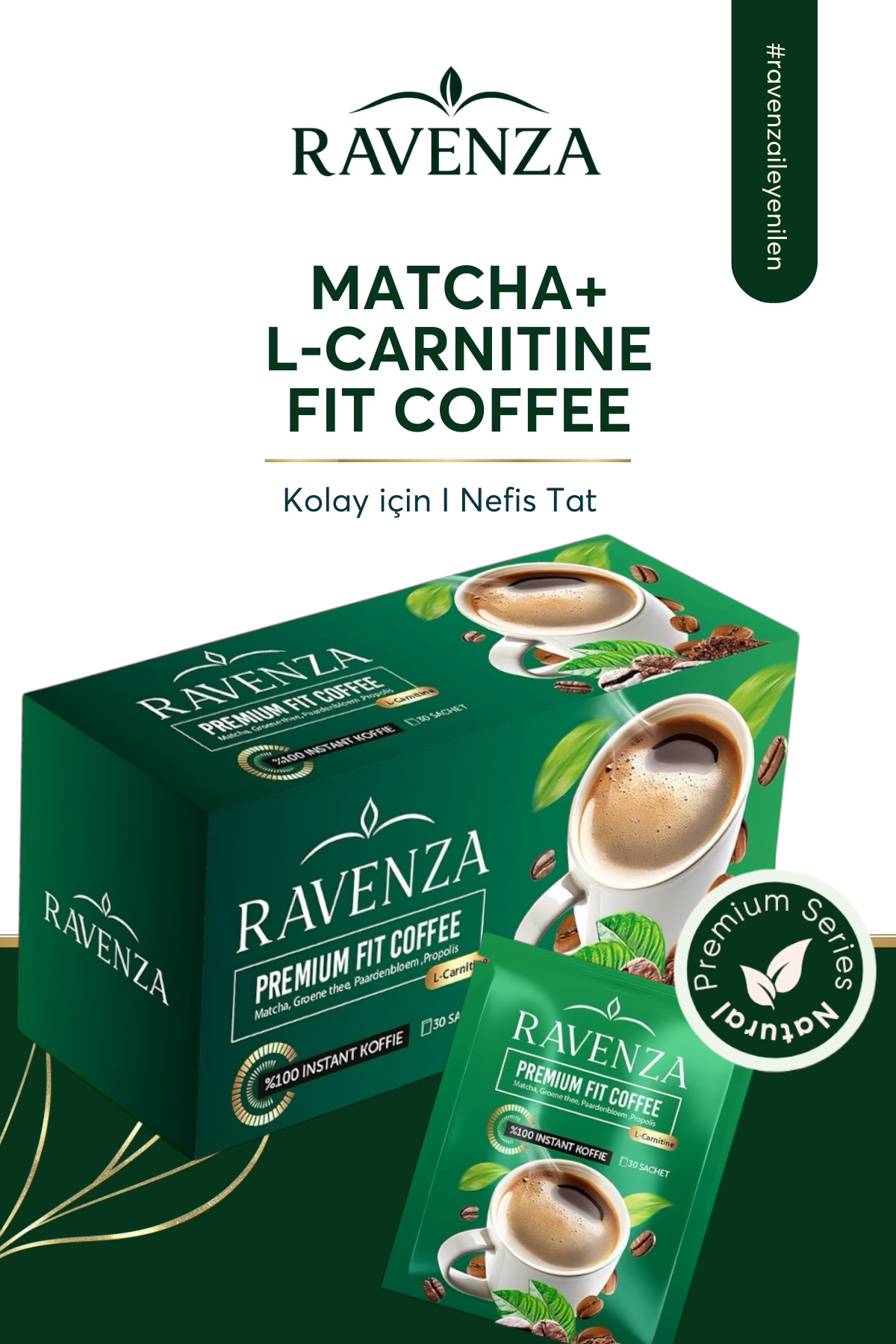 Ravenza Premium Fit Coffee – Instant Matcha Koffie met L-Carnitine, Groene Thee, Paardenbloem & Propolis – 30 Sachets