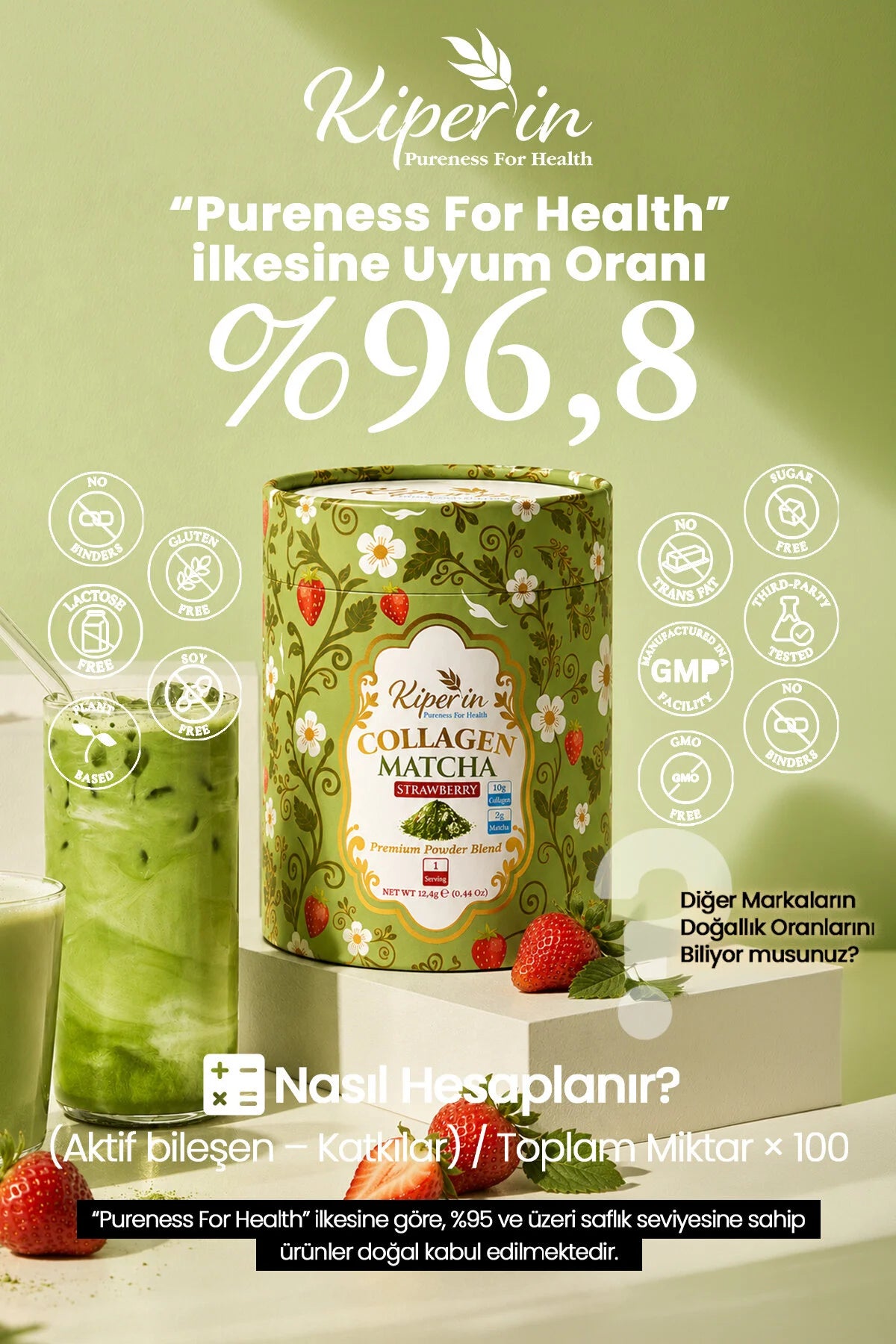 Kiperin Collagen Matcha Strawberry – Gehydrolyseerd Collageen Type 1 & 3 – Matcha – Aardbei Smaak – 30 Porties – 372 g