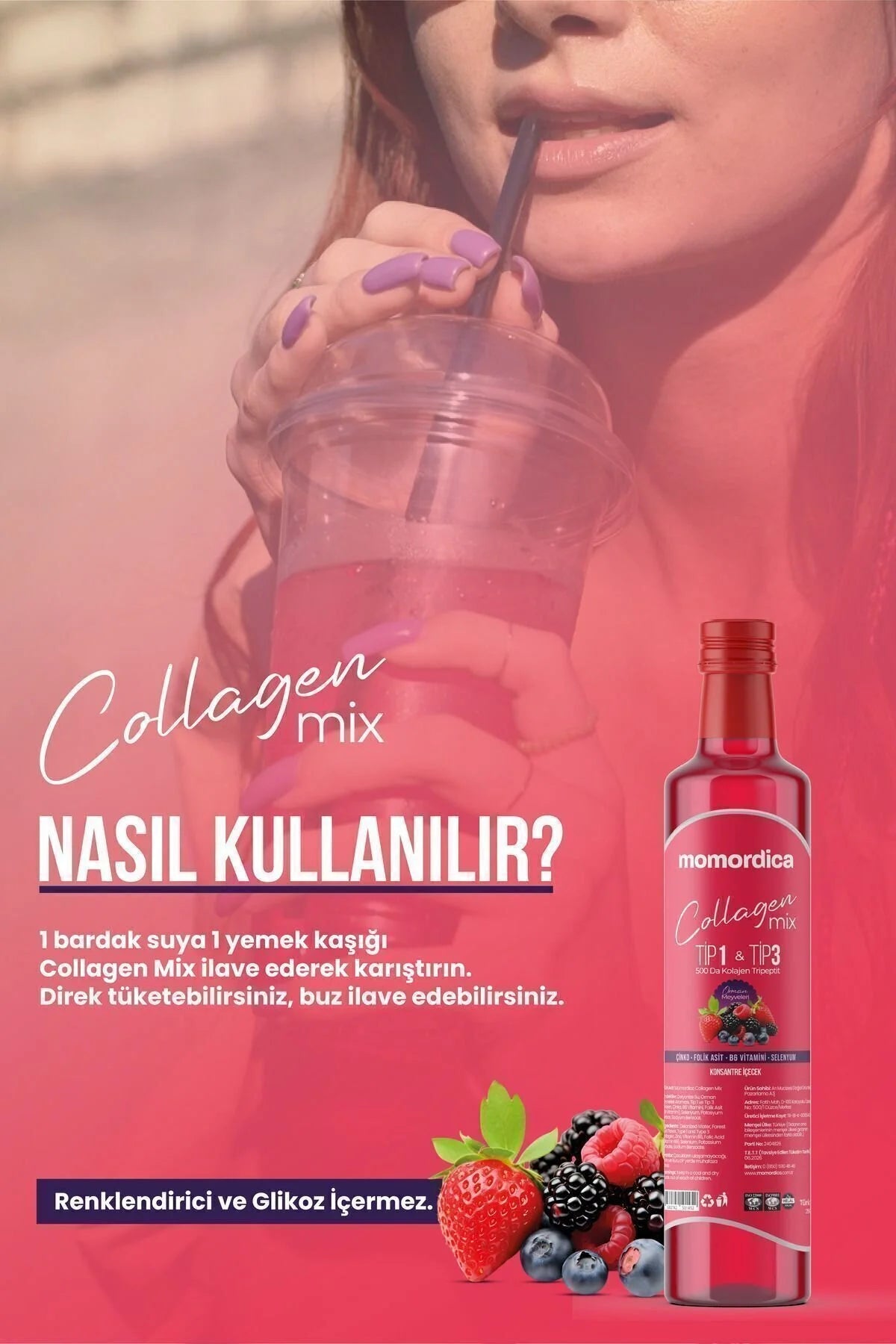 Momordica Collagen Mix Type 1 & 3 Bosvruchtenaroma met Vitaminen en Mineralen - 250 ml