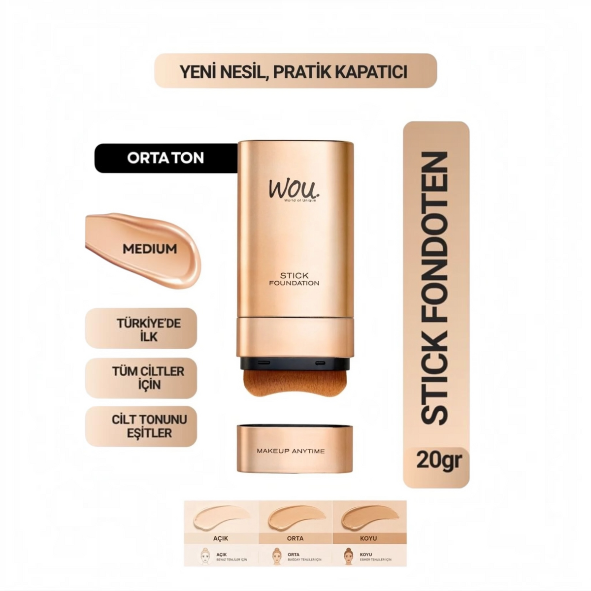 WOU Stick Foundation Medium – Foundation Stick met Geïntegreerde Make-upkwast – Medium / Orta Ton – Hoge Dekking – 20 g