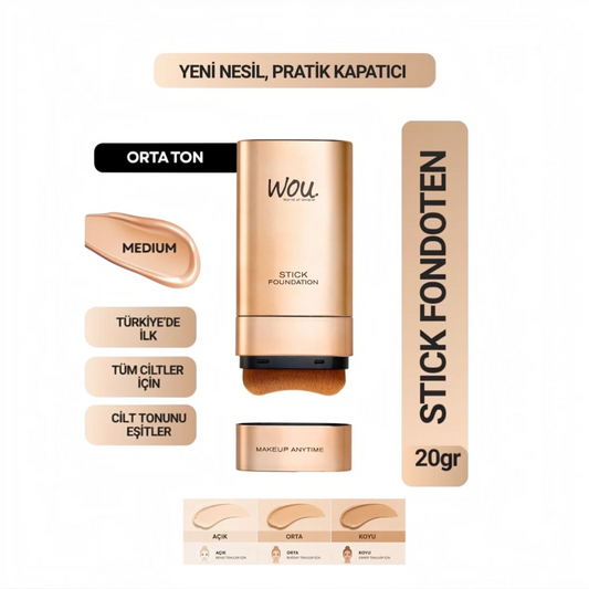 WOU Stick Foundation Medium – Foundation Stick met Geïntegreerde Make-upkwast – Medium / Orta Ton – Hoge Dekking – 20 g