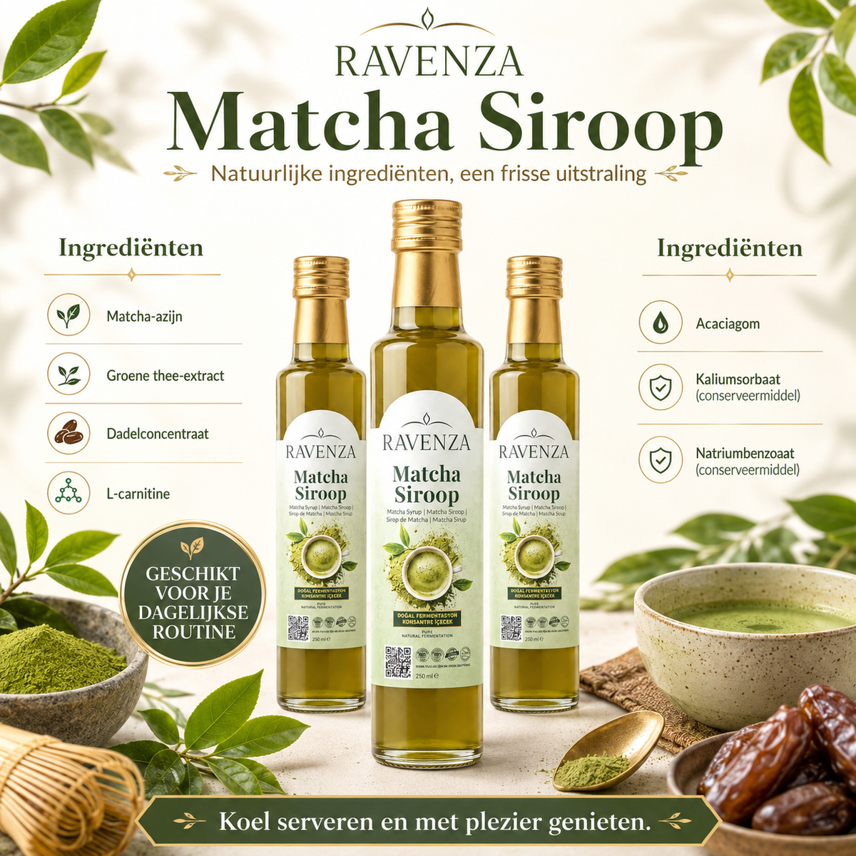 Ravenza Matcha Siroop – Gefermenteerde Matcha Drankconcentraat met Groene Thee-Extract, Dadelconcentraat & L-Carnitine – 250 ml