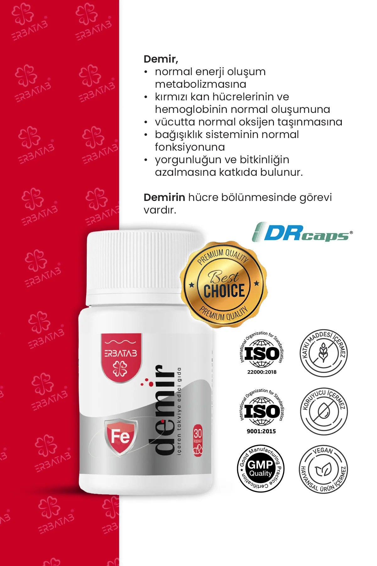 Erbatab Demir – IJzer Supplement 16 mg – Micro-ingekapseld IJzer – 30 Capsules – 1 Maand Voorraad