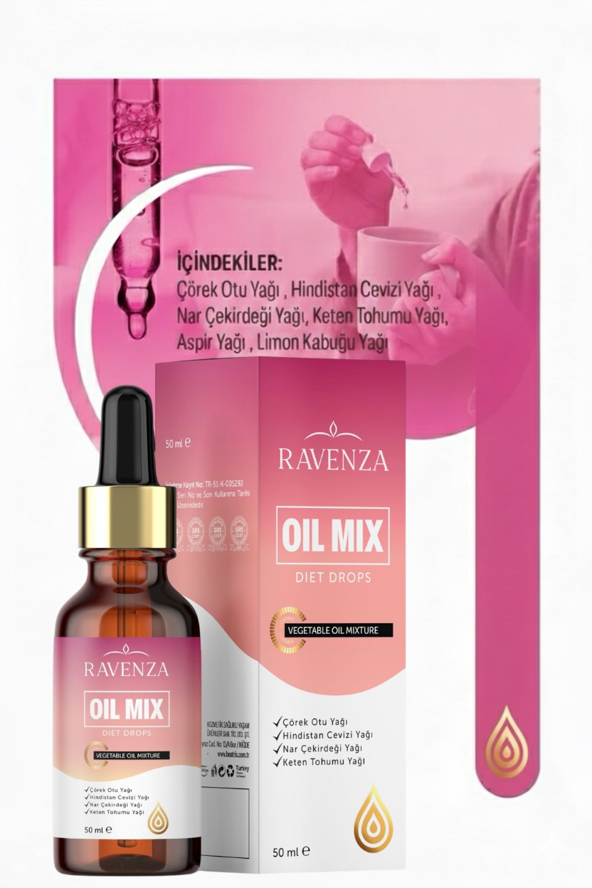 Ravenza Oil Mix Diet Drops - Dieetdruppels met Plantaardige Oliën - Help om af te vallen - Slimming Drops Keto - 50 ml met Zwarte komijn - Kokos - Granaatappel & Lijnzaadolie - 100% Plantaardige Olieblend - 30 dagen Detox