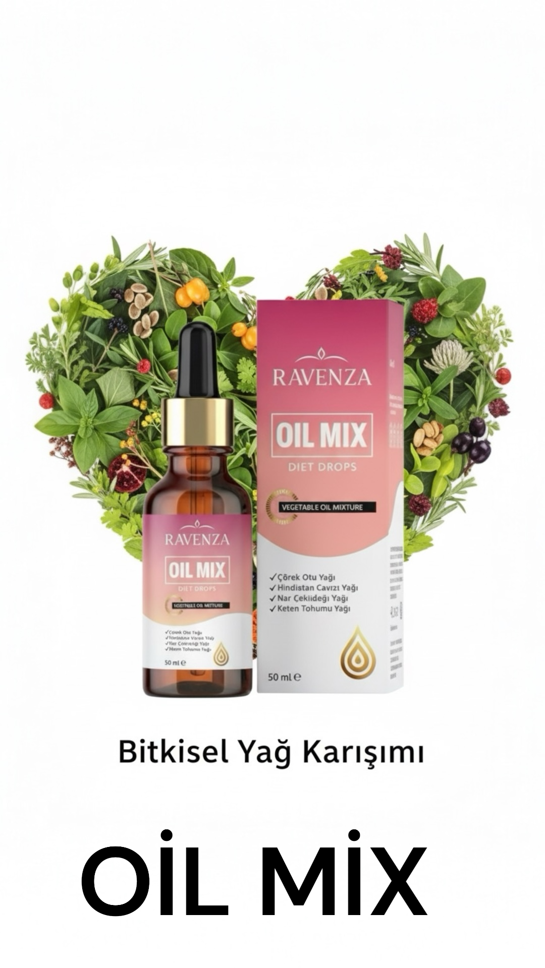 Ravenza Oil Mix Diet Drops - Dieetdruppels met Plantaardige Oliën - Help om af te vallen - Slimming Drops Keto - 50 ml met Zwarte komijn - Kokos - Granaatappel & Lijnzaadolie - 100% Plantaardige Olieblend - 30 dagen Detox