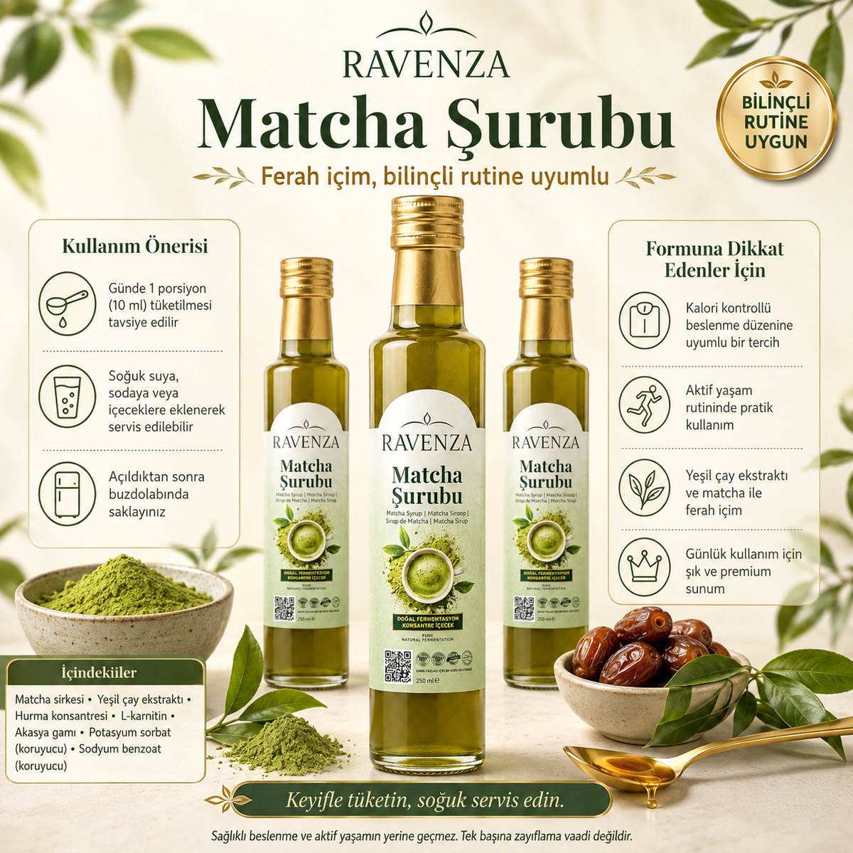 Ravenza Matcha Siroop – Gefermenteerde Matcha Drankconcentraat met Groene Thee-Extract, Dadelconcentraat & L-Carnitine – 250 ml