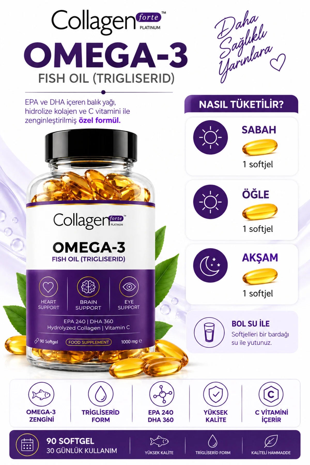 Collagen Forte Platinum Omega 3 Visolie – Triglyceride Vorm – EPA 240 mg & DHA 360 mg – Met Viscollageen en Vitamine C – 90 Softgels