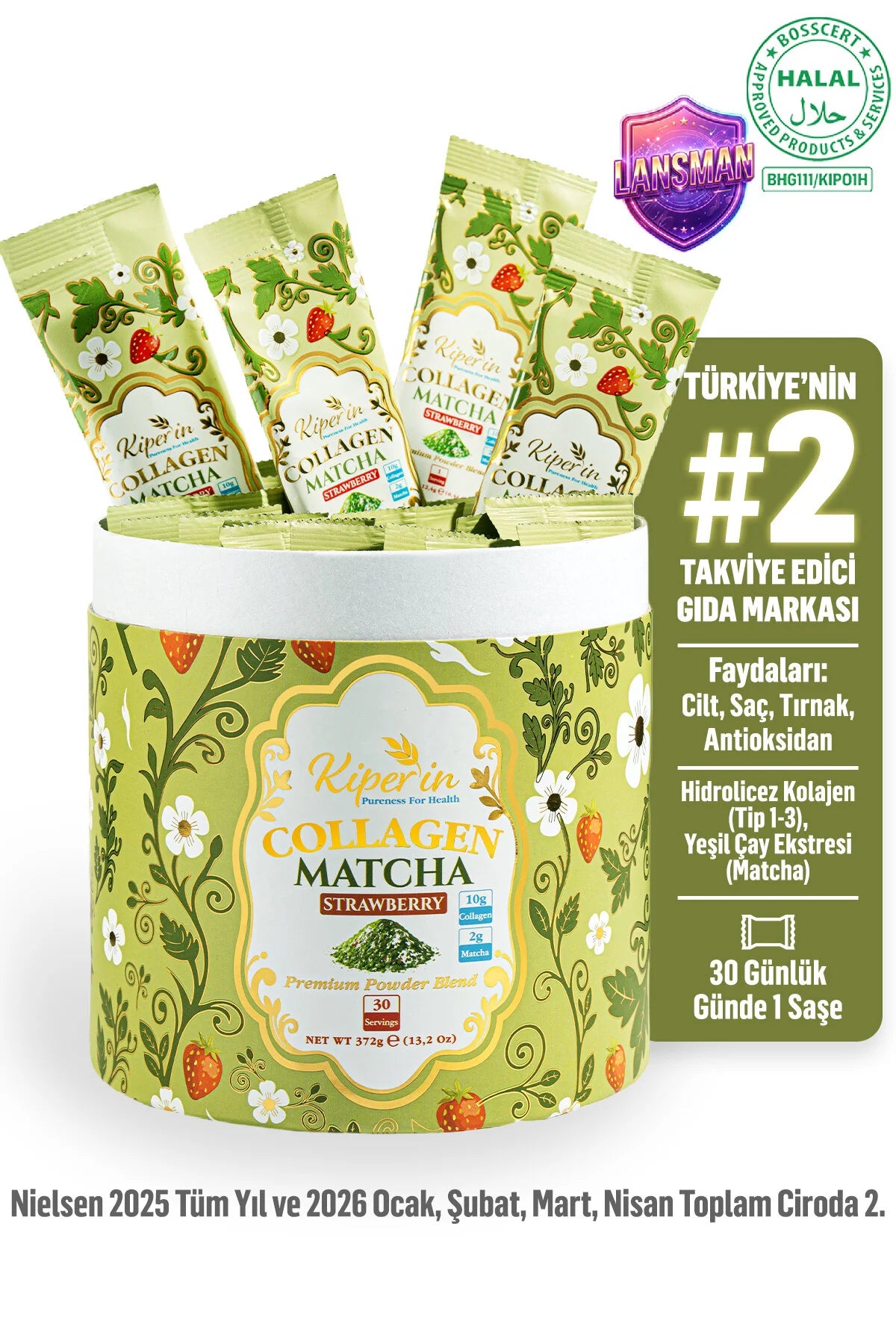 Kiperin Collagen Matcha Strawberry – Gehydrolyseerd Collageen Type 1 & 3 – Matcha – Aardbei Smaak – 30 Porties – 372 g