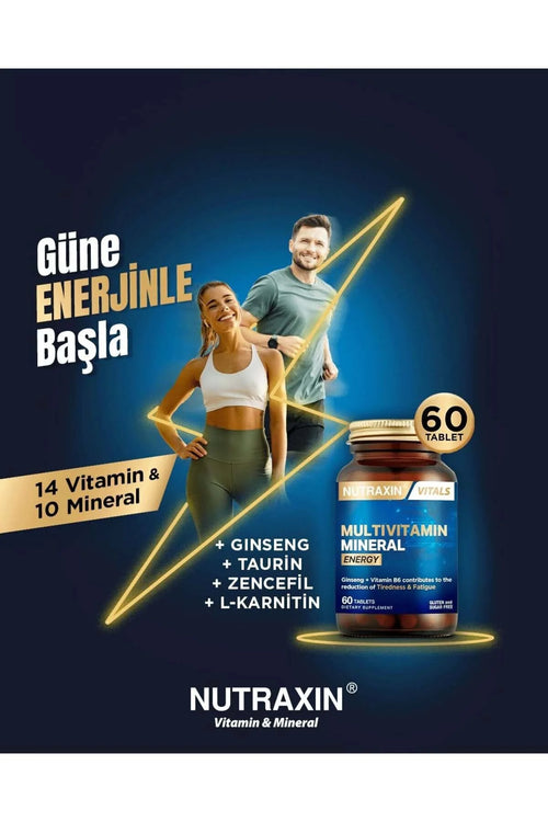 Nutraxin Vitals Multivitamin Mineral Energy – Multivitaminen & Mineralen met Ginseng, Q10 en L-Carnitine – Time Release – 60 Tabletten