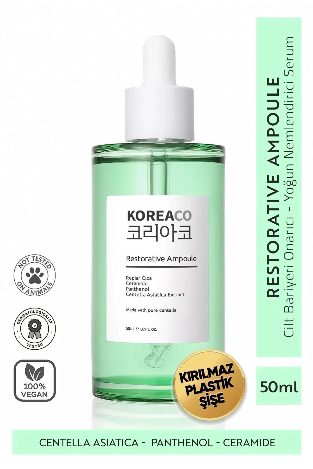 Koreaco - Restorative Ampoule | Serum | Pure Centella Asiatica | Panthenol | Hydrateert en Kalmeert de huid | Herstellende, verhelderende, 24-uurs hydraterende ampul | 50 ml |