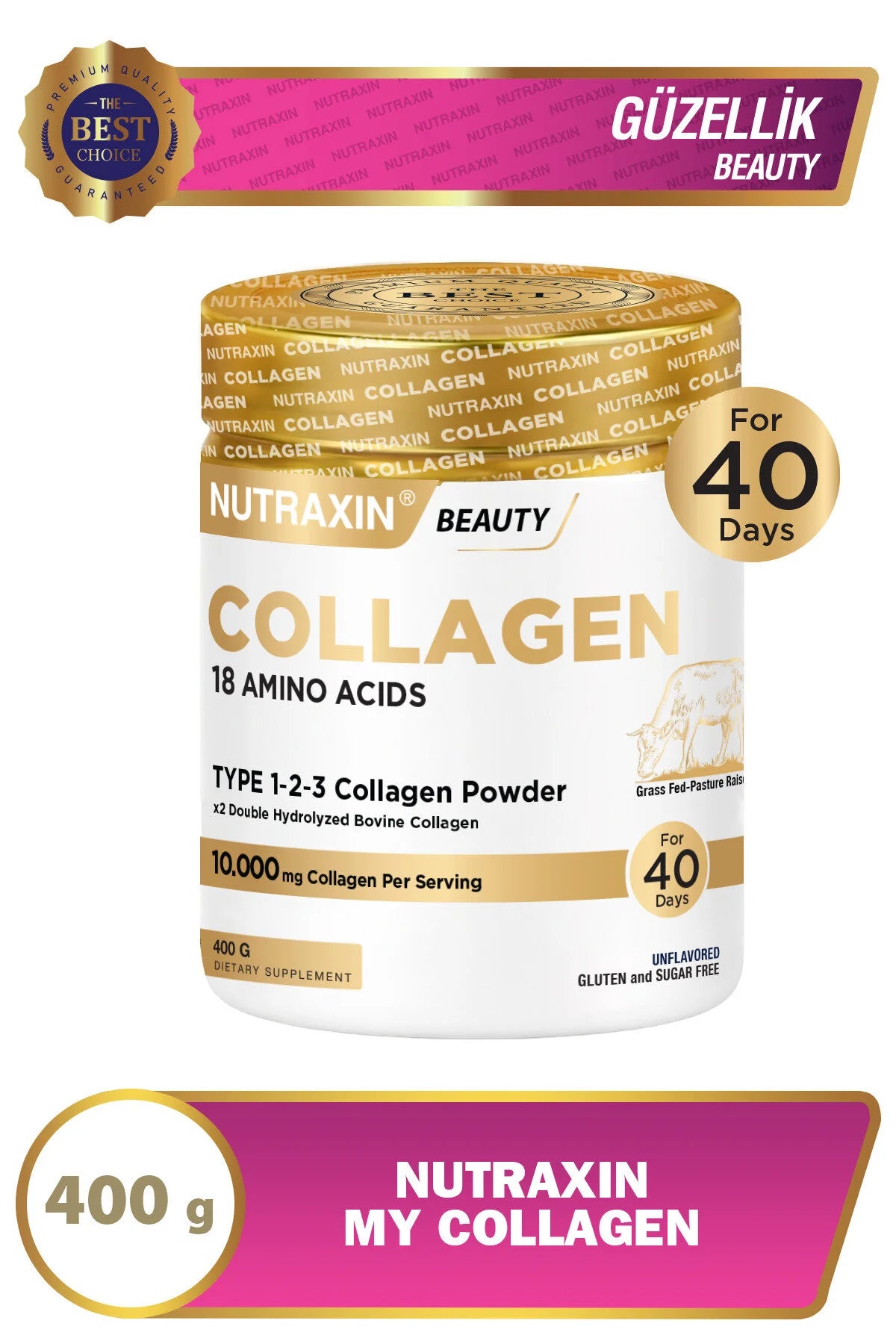 Nutraxin My Collagen – Type 1, 2 & 3 – 10.000 mg Gehydrolyseerd Rundercollageen – Collageen Poeder – 400 g