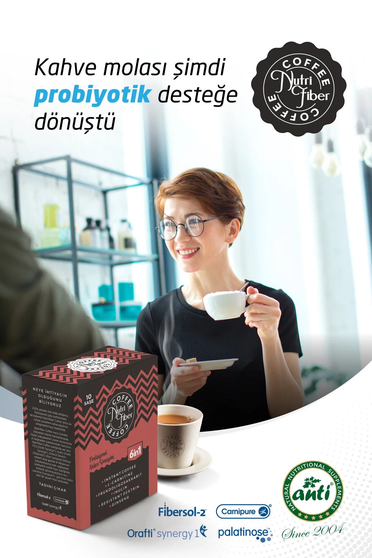 Nutrifiber® Coffee 6 in 1 Detox Koffie - Instant Koffie met Vezels / Inuline / L-Carnitine & Ginseng - Probiotische Effect - 10 Sachets - Warm & Koud te Bereiden