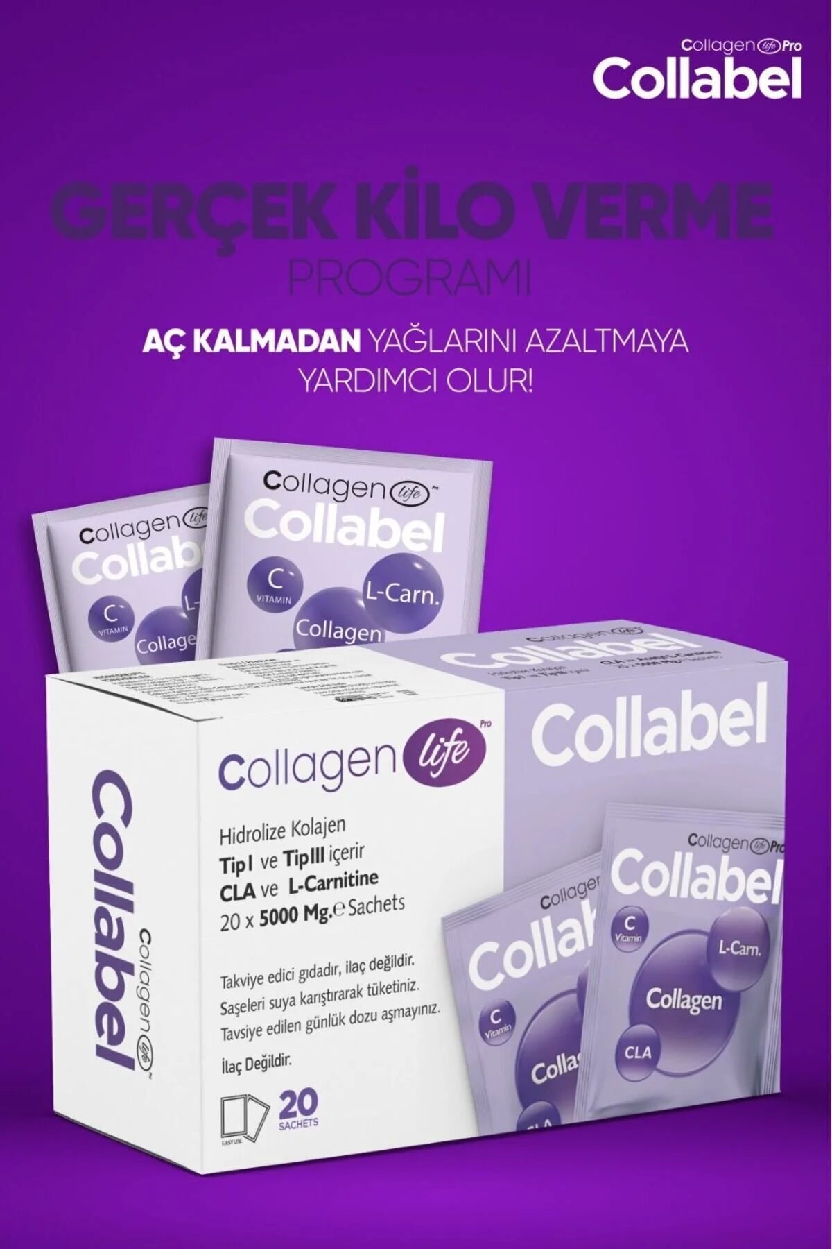 Collagen Life Pro Collabel Hydrolyzed Collageen Type I & III met Vitamine C, CLA en Acetyl L-Carnitine - 20 Sachets