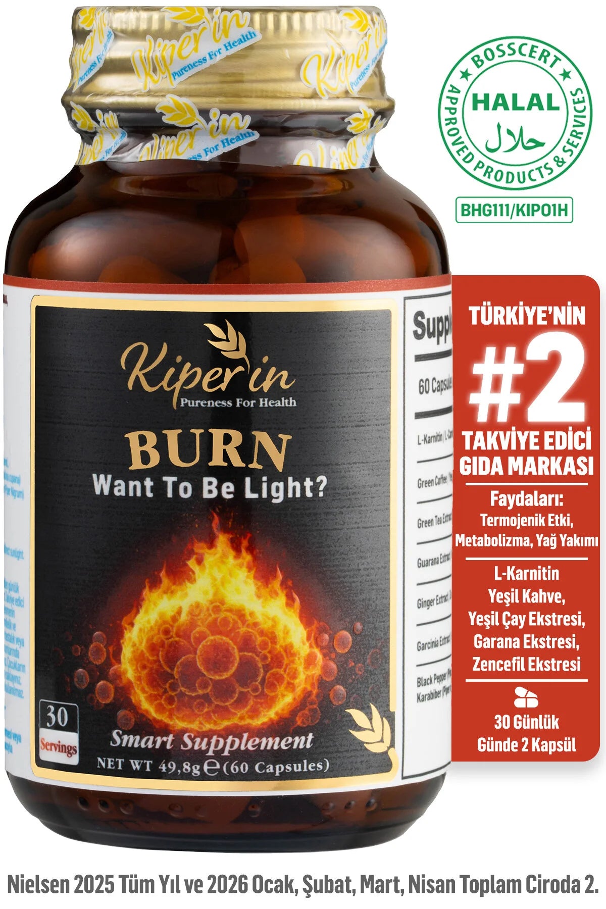 Kiperin Burn Fat Burner 60 Capsules | L-Carnitine, Green Coffee, Green Tea & Garcinia | Met Guarana en Gember Extract