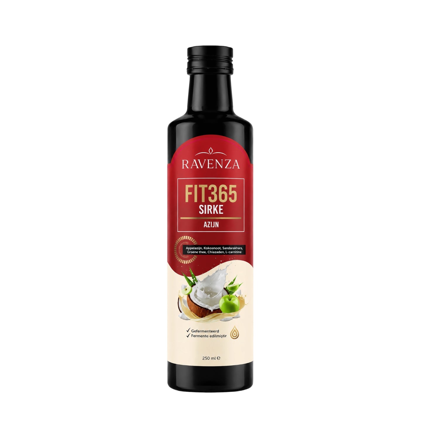 Ravenza Fit365 Azijn 250 ml – Appelazijn met Kokosolie, Chiazaad, Quinoa & L-Carnitine – Natuurlijk Gefermenteerd