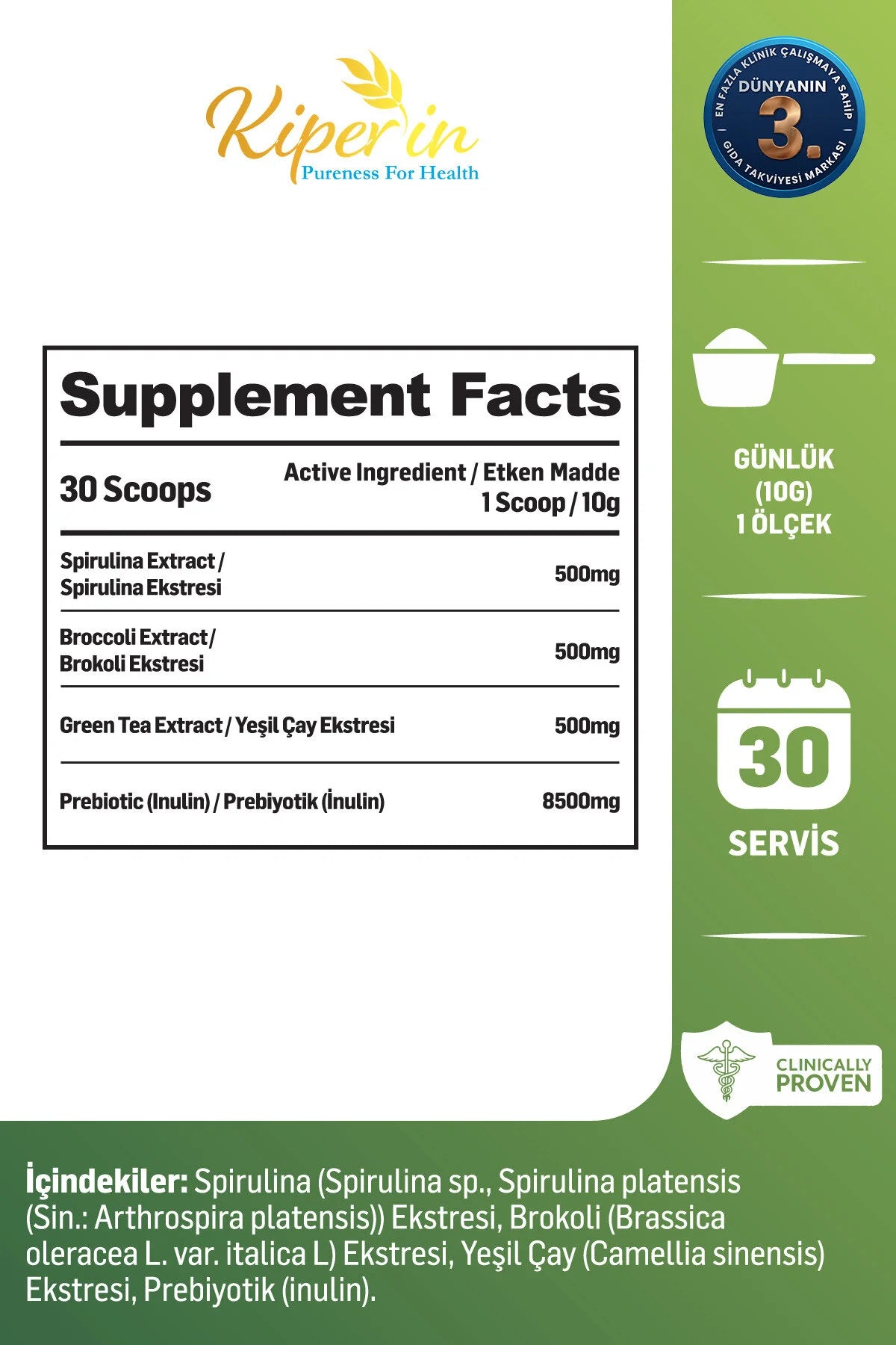Kiperin Green Smart Supplement – Spirulina, Broccoli, Groene Thee & Inuline – Poedermix – 300 g – 30 Porties