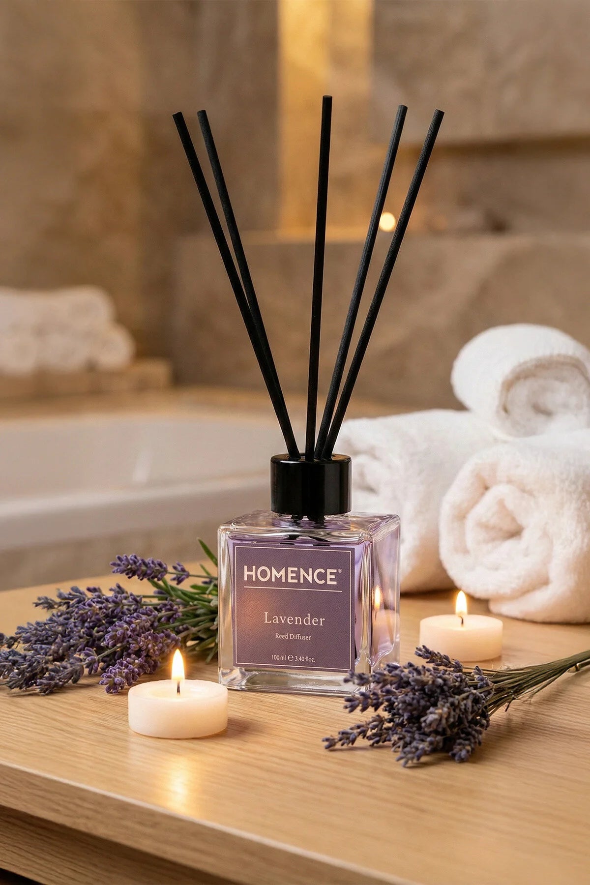 HOMENCE Lavender Reed Diffuser 100 ml – Geurstokjes Lavendel – Huisparfum – Bloemige & Ontspannende Geur