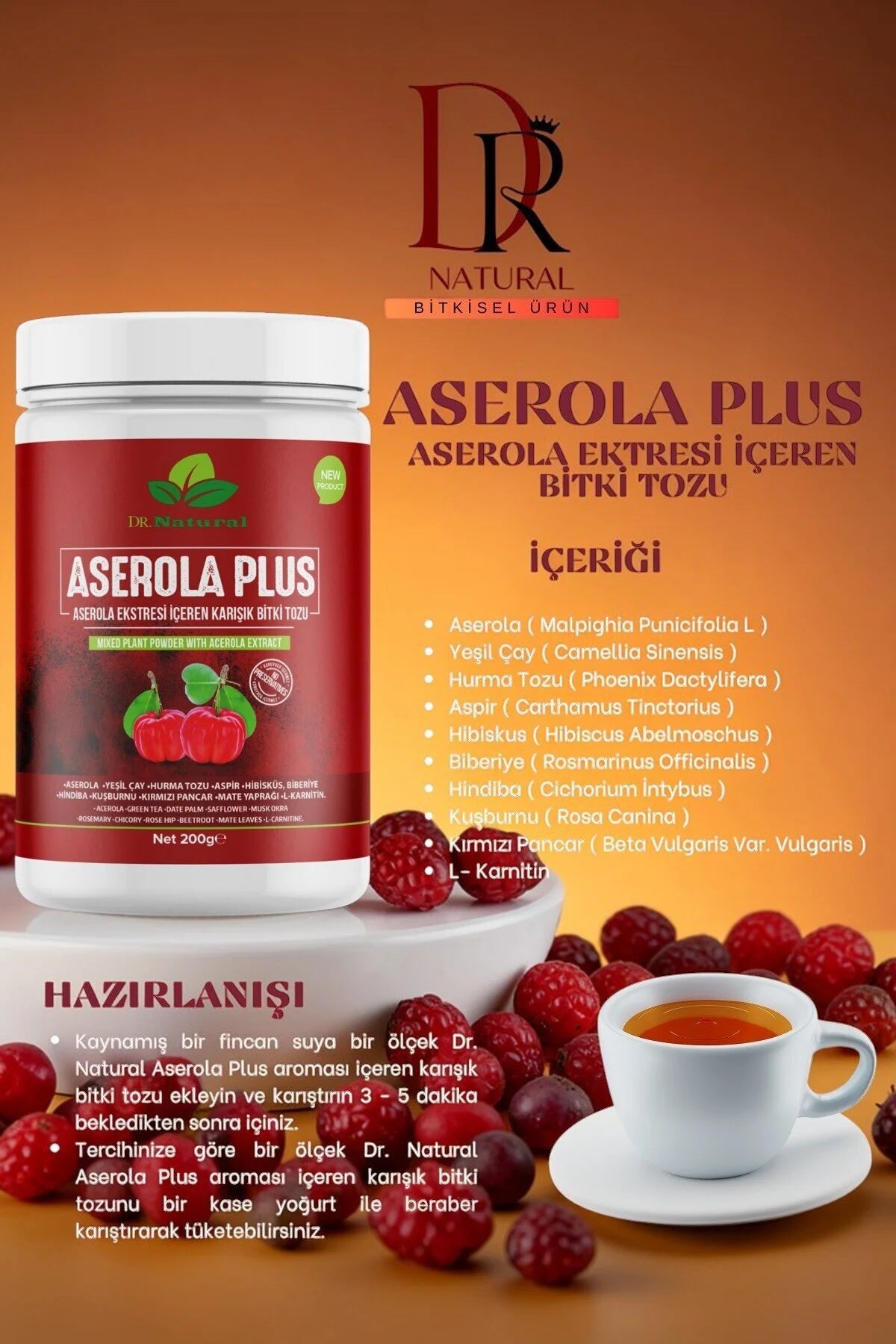 Dr. Natural Acerola Plus Poeder met Acerola Extract - Gemengd Plantenpoeder - 200 g