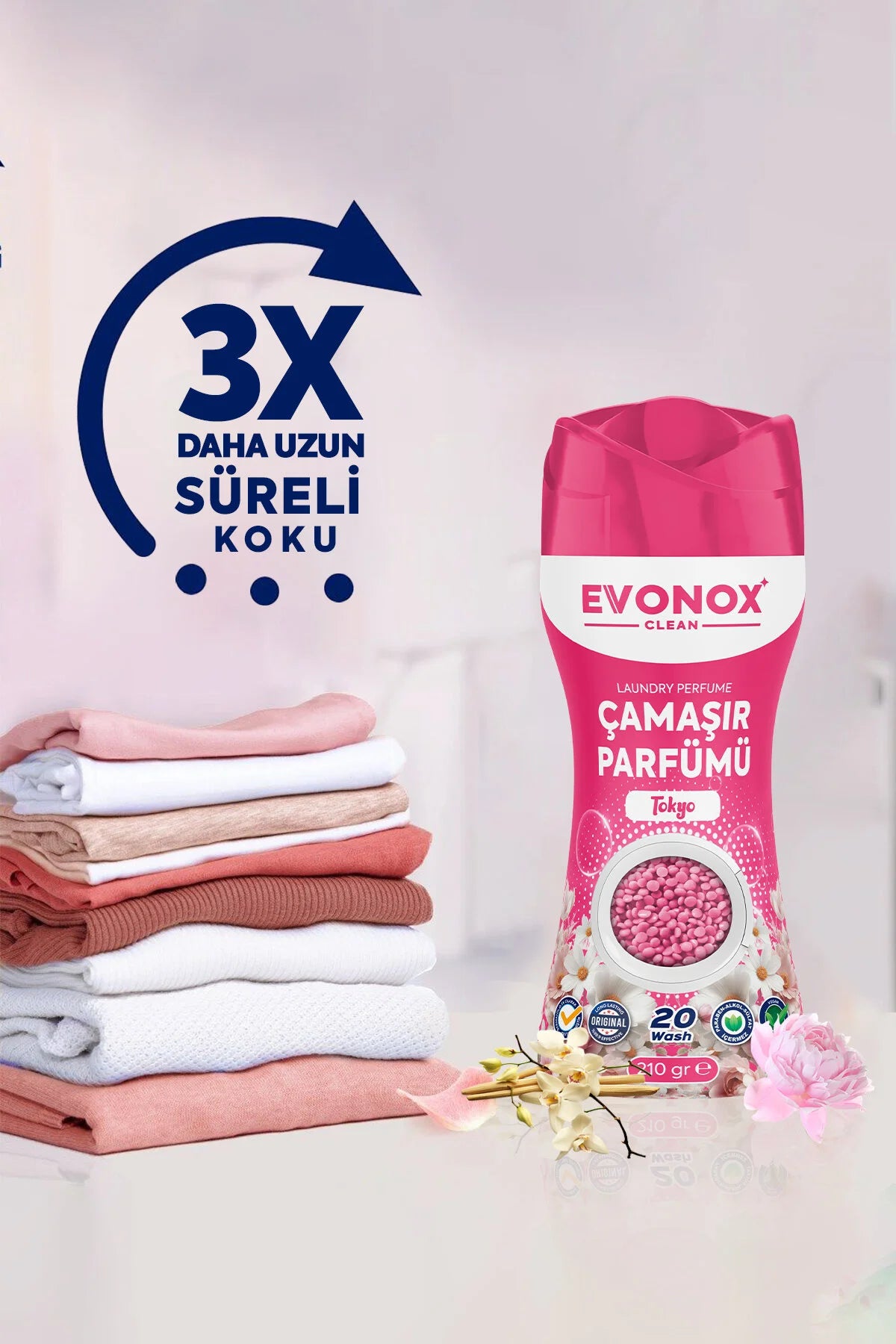 EVONOX Clean Tokyo Çamaşır Parfümü 210 gr – Tatlı Çiçek Kokulu In-Wash Scent Booster