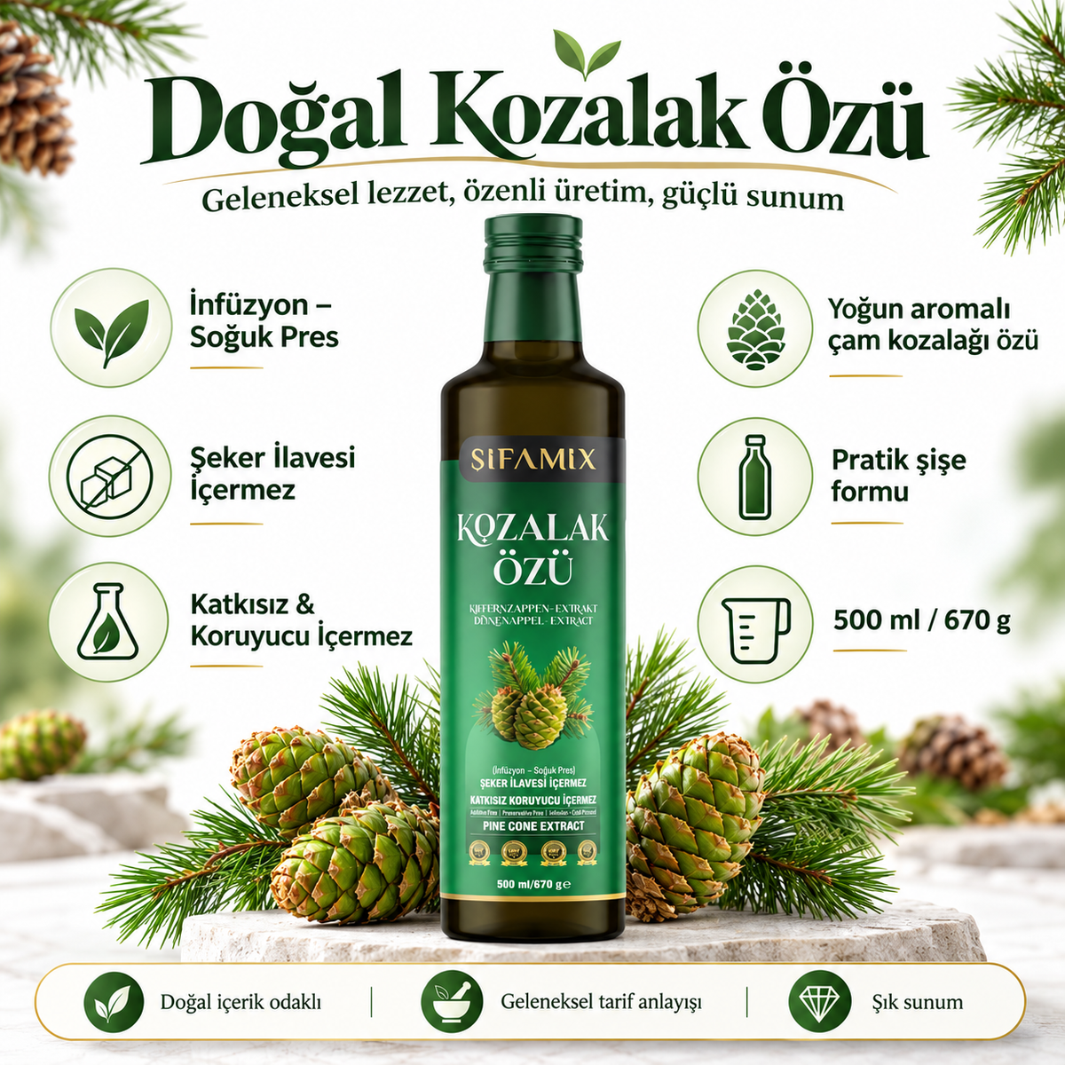 Sifamix Kozalak Özü – Dennenkegel Extract met Johannesbrood- & Jeneverbesmelasse – Zonder Toegevoegde Suiker – 500 ml