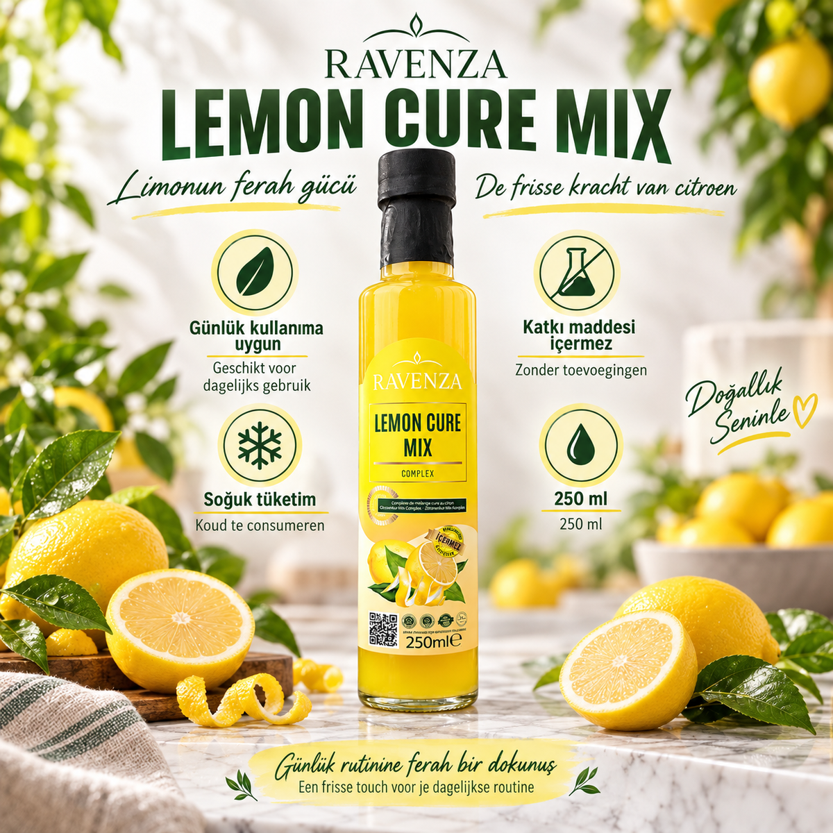 Ravenza Lemon Cure Mix Complex – Citroenmix met 82% Citroenextract, L-Carnitine, Spirulina & Groene Thee – 250 ml