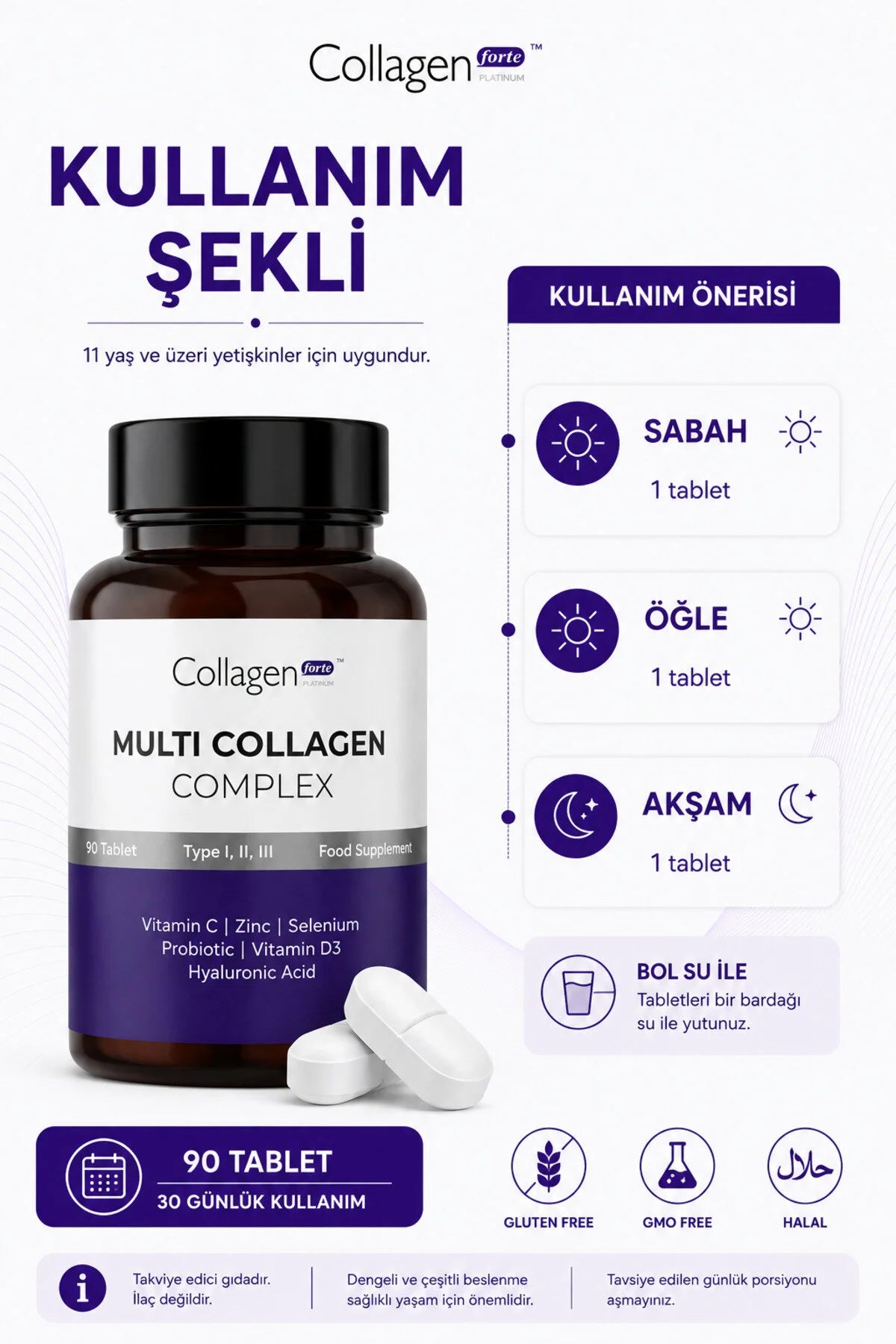 Collagen Forte Platinum Multi Collagen Complex – Type I, II & III – Vitamine C, D3, Zink, Selenium & Hyaluronzuur – 90 Tabletten