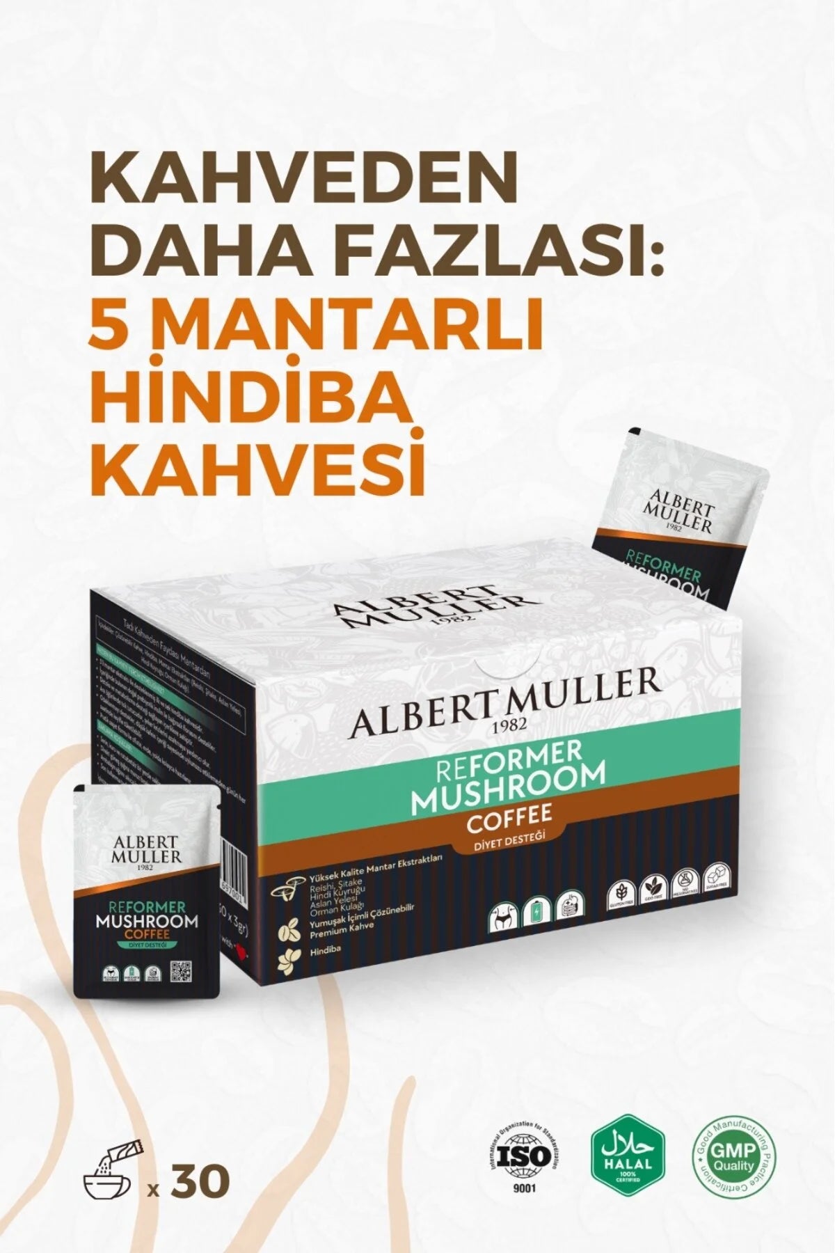 Albert Muller Koffie - Reformer Mushroom Coffee - Cichoreikoffie met 5 Paddenstoelenextracten - Suikervrije / Prebiotische Instant Coffee - Dieetvriendelijk - 30 Sachets